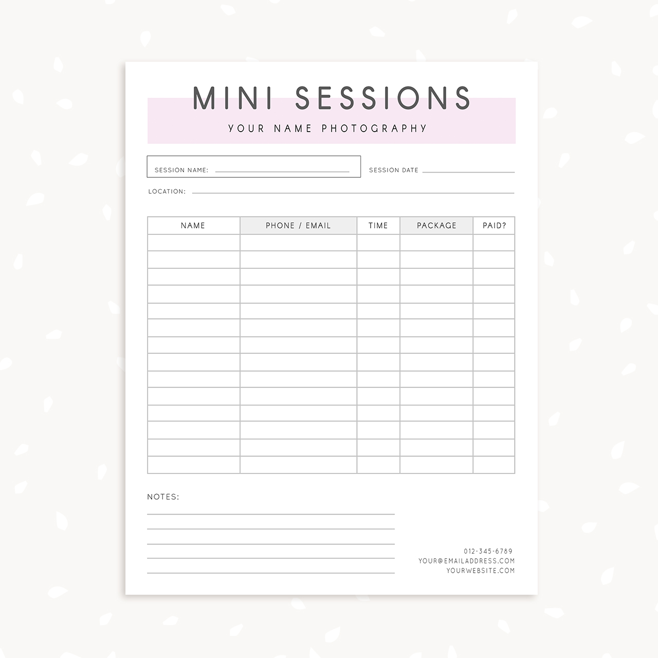 Mini sessions sign up form template