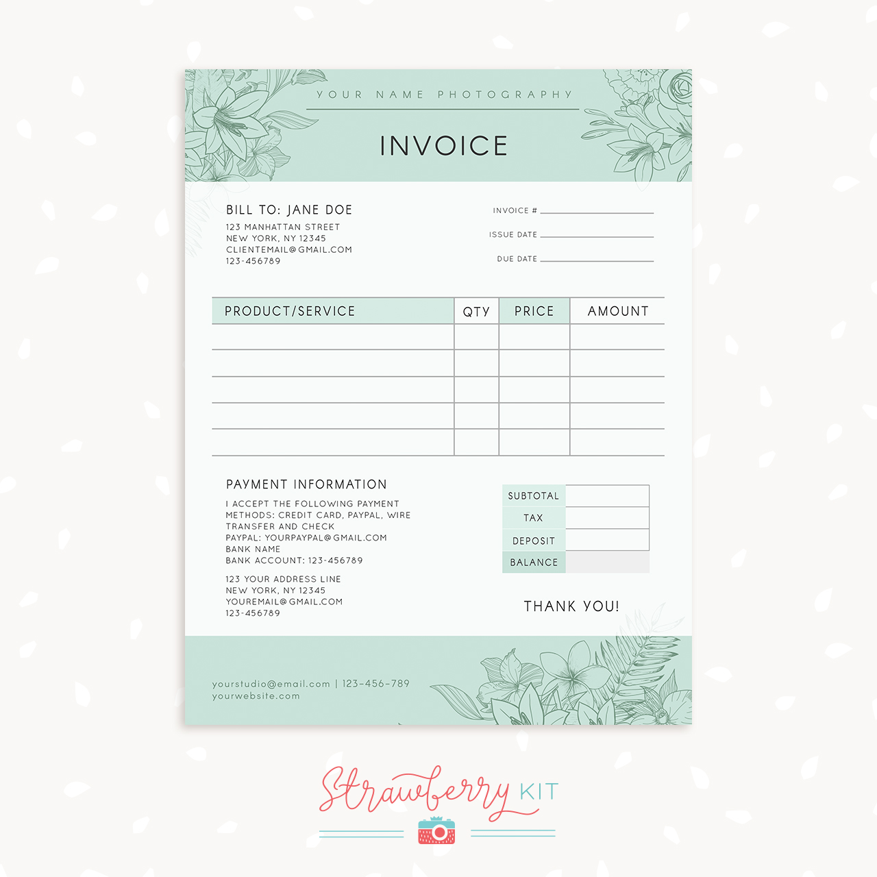 invoice form office open Invoice Photography Template  Floral Strawberry Kit