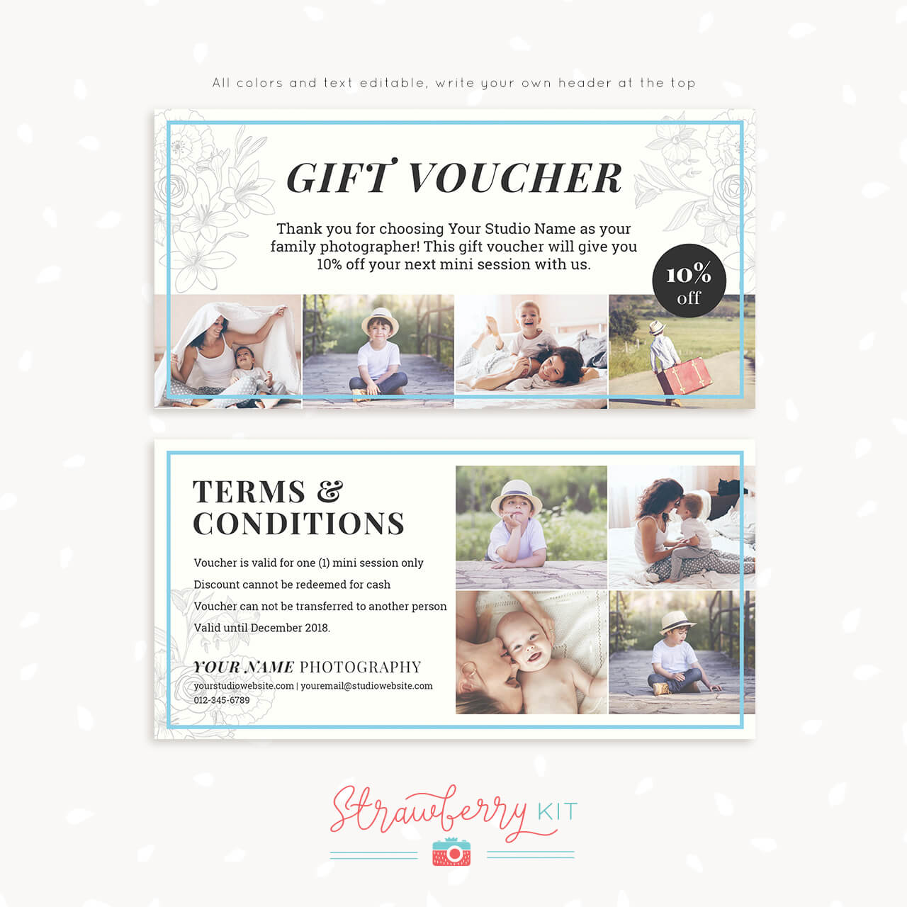 Gift voucher template “Classic floral” – Strawberry Kit Regarding Free Photography Gift Certificate Template