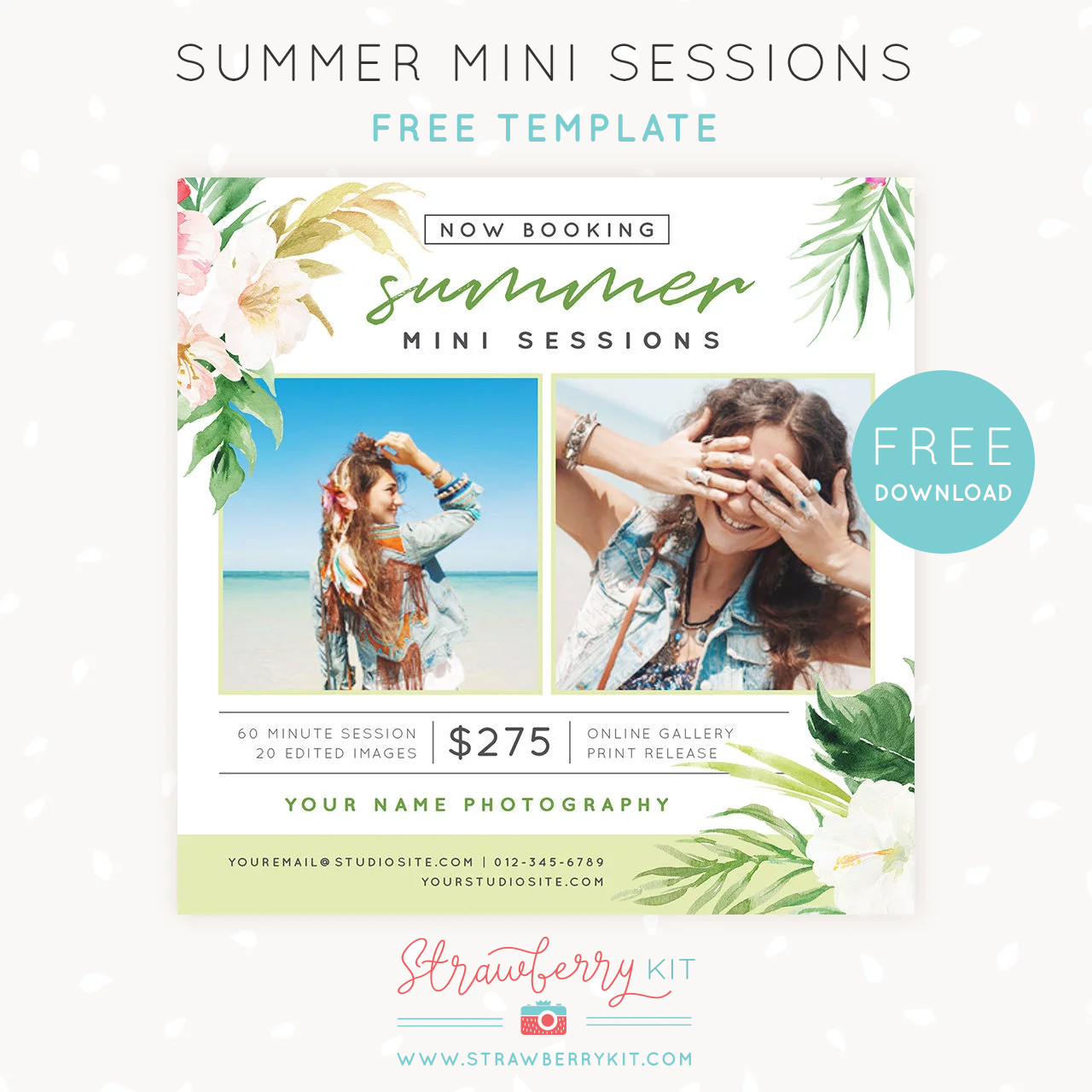 Free Summer mini sessions template for Photoshop – Strawberry Kit