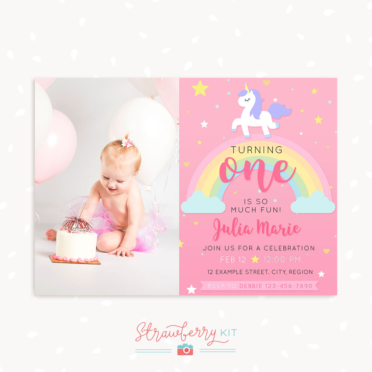 Unicorn First Birthday Invitation Template With Photo Strawberry Kit