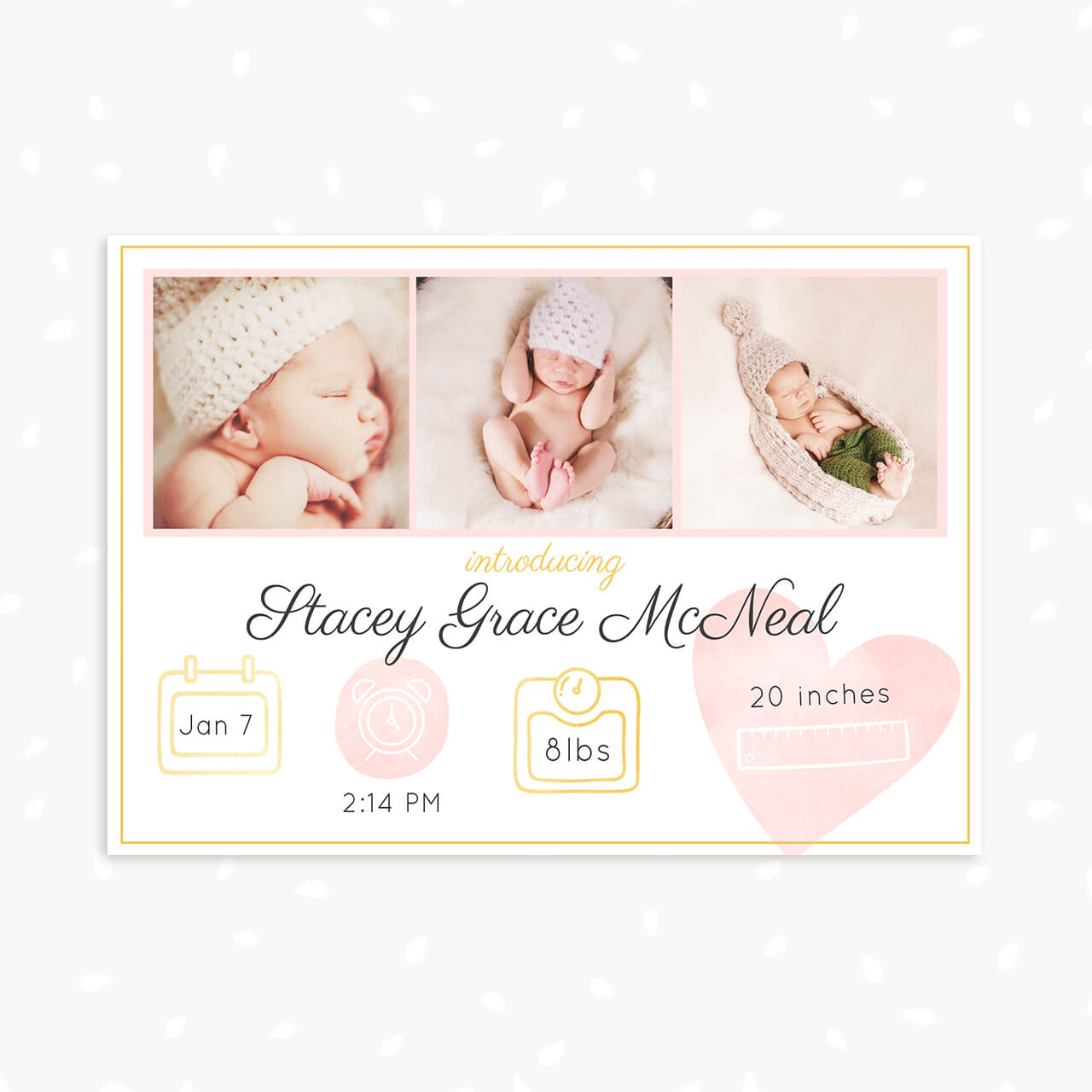 Newborn Announcement Template Card With Stats and Photos