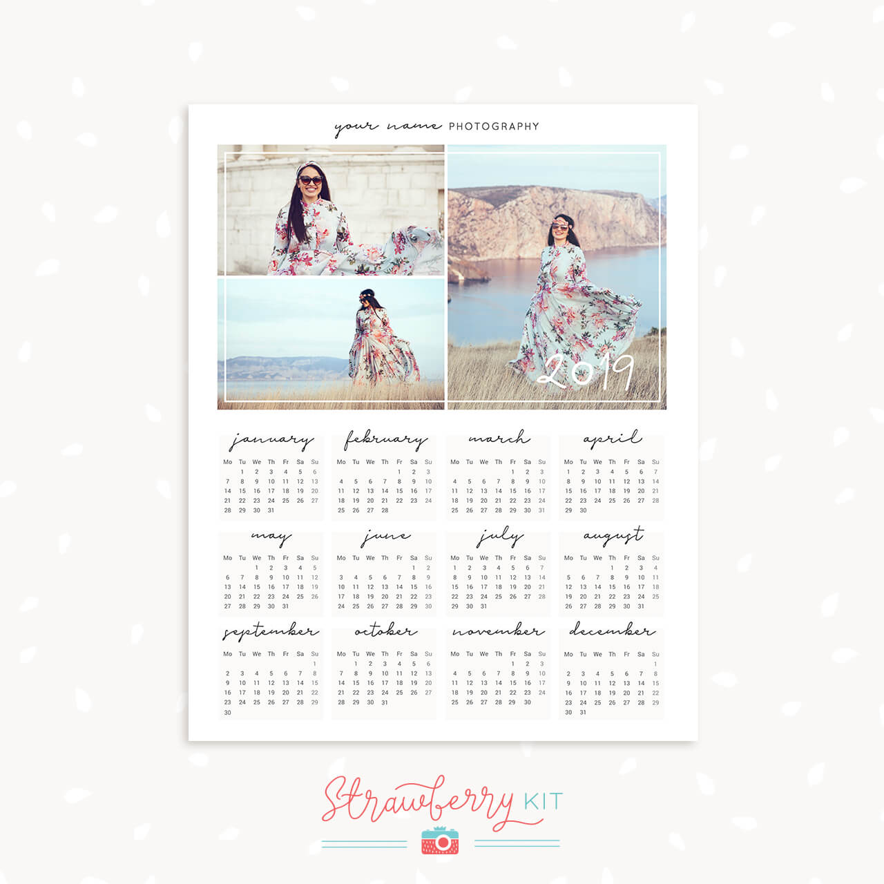 2019 One page photo calendar template Strawberry Kit