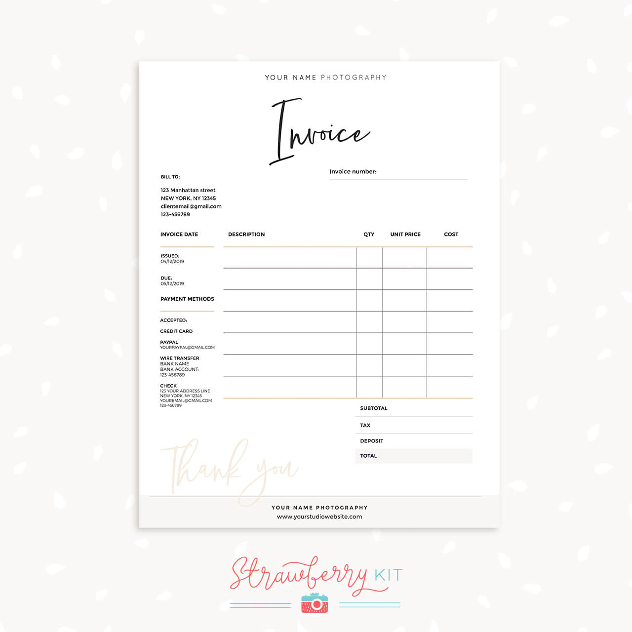 invoice template printable handwriting strawberry kit