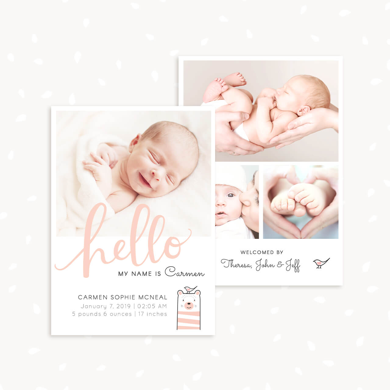 Newborn announcement template Hello Little Animals Strawberry Kit