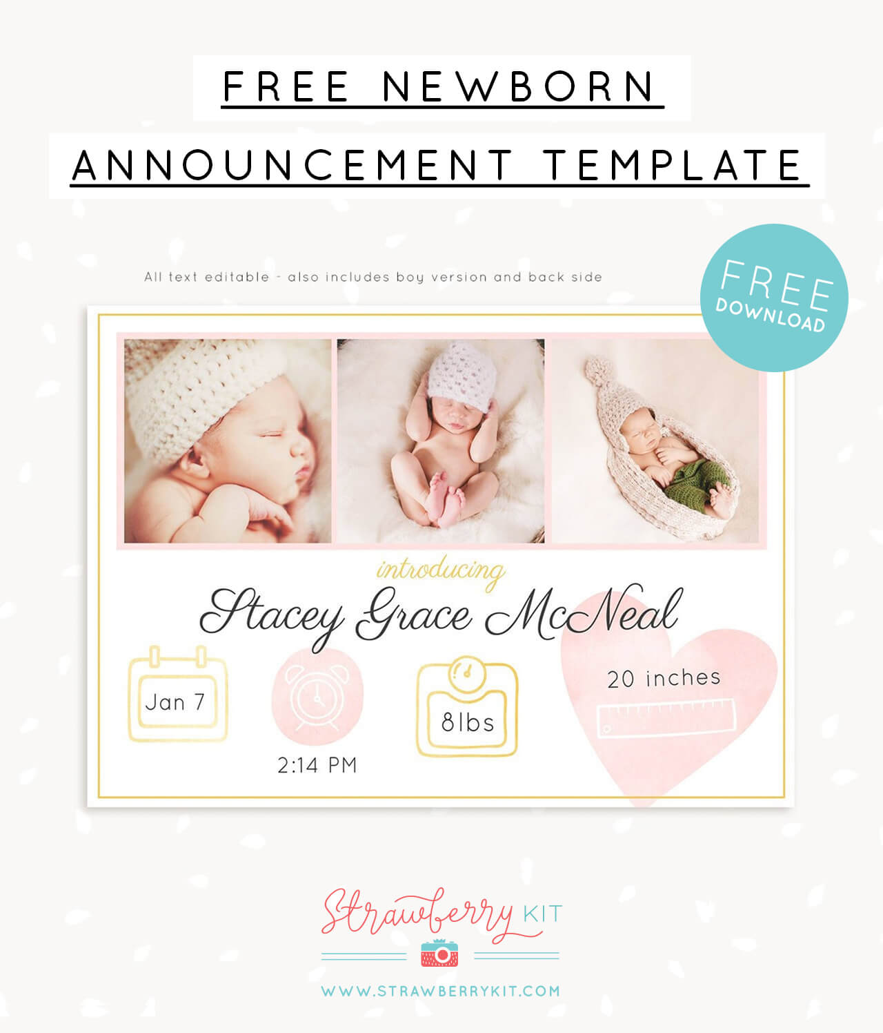 Free birth announcement template for Strawberry Kit