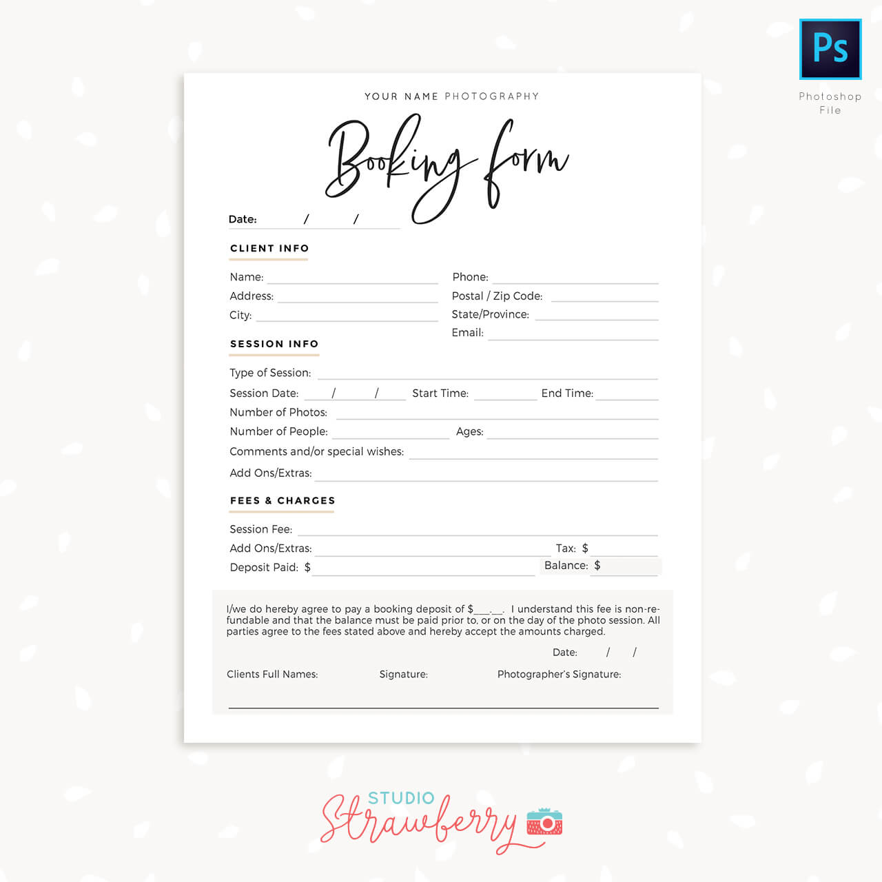 Booking Form Template Photographer Handwriting
