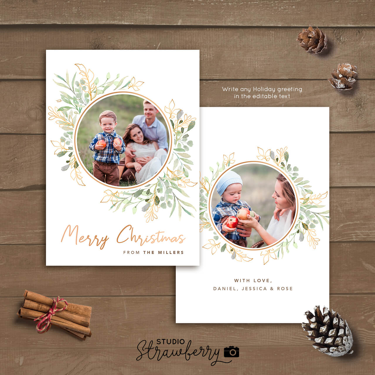Christmas card template photo circle leaves