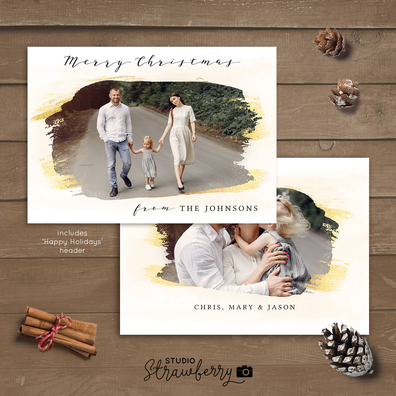 Christmas card with photo gold brush template