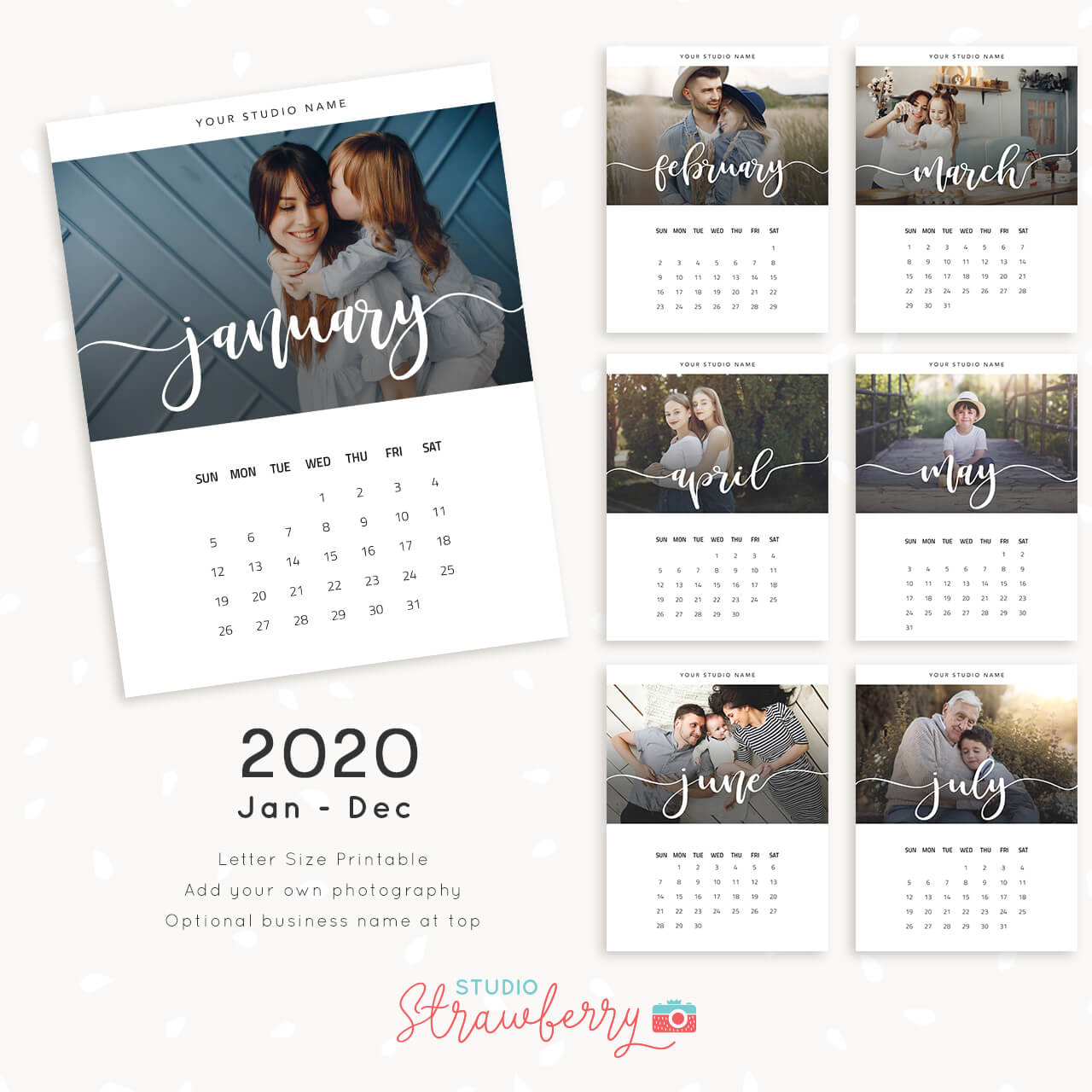 Photo calendar template Monthly handlettering Strawberry Kit