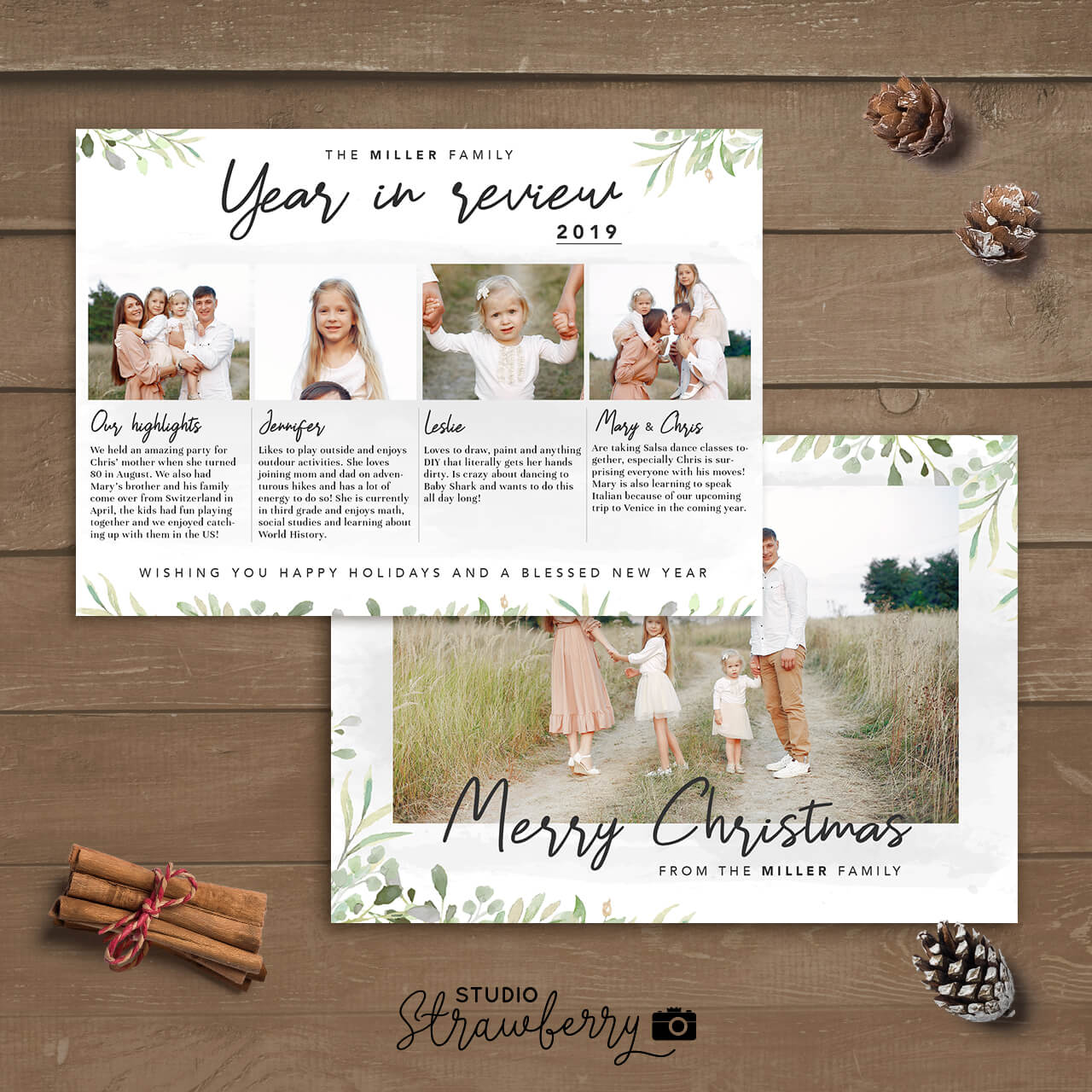 Year in review Christmas card template Leaves Strawberry Kit