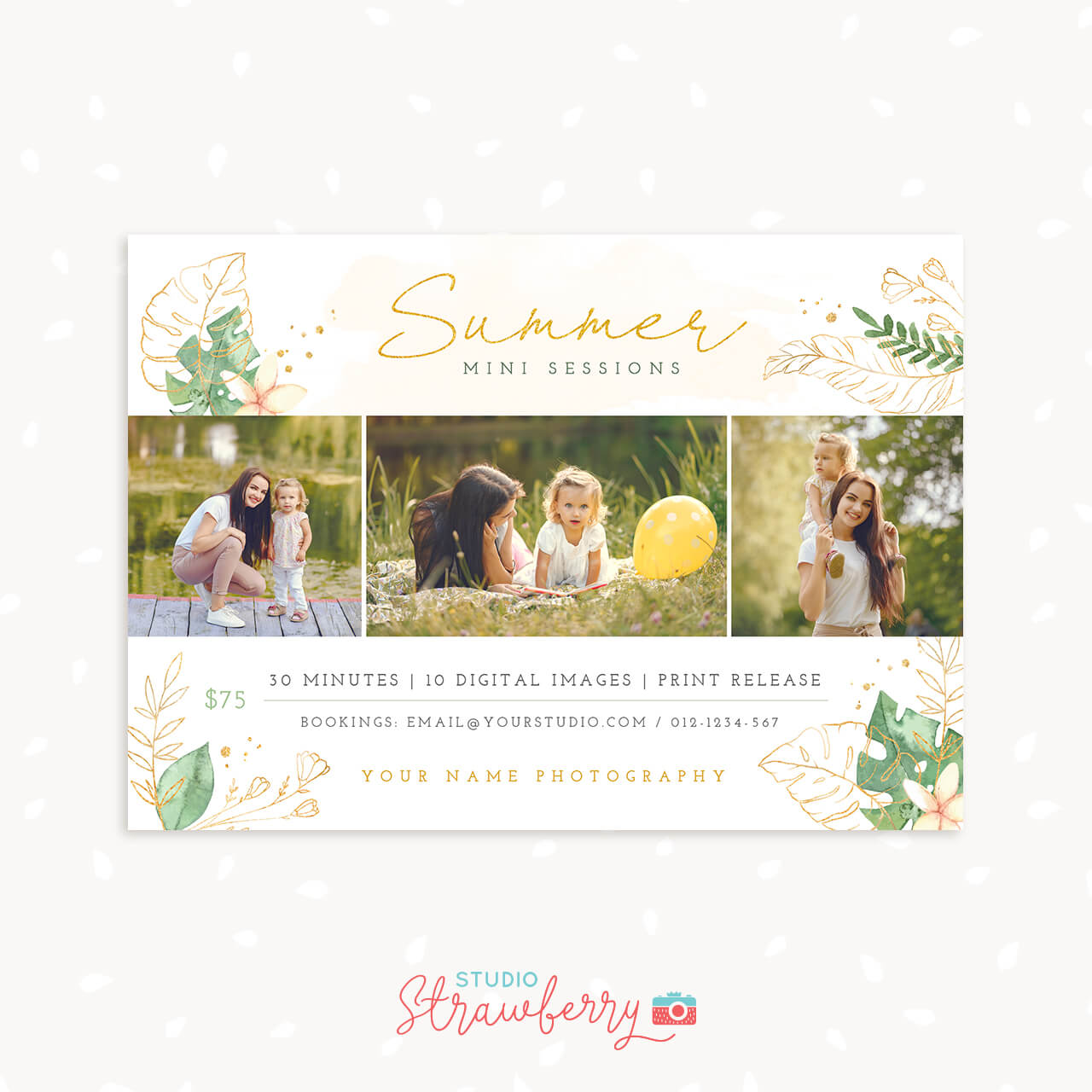 Summer mini sessions template gold tropical leaves
