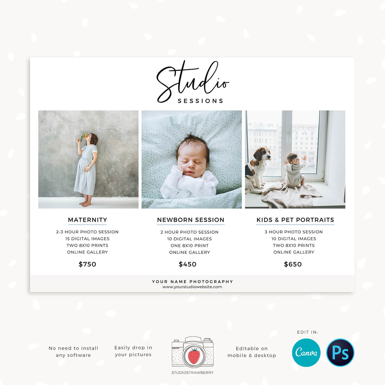 Photographer pricing card three packages