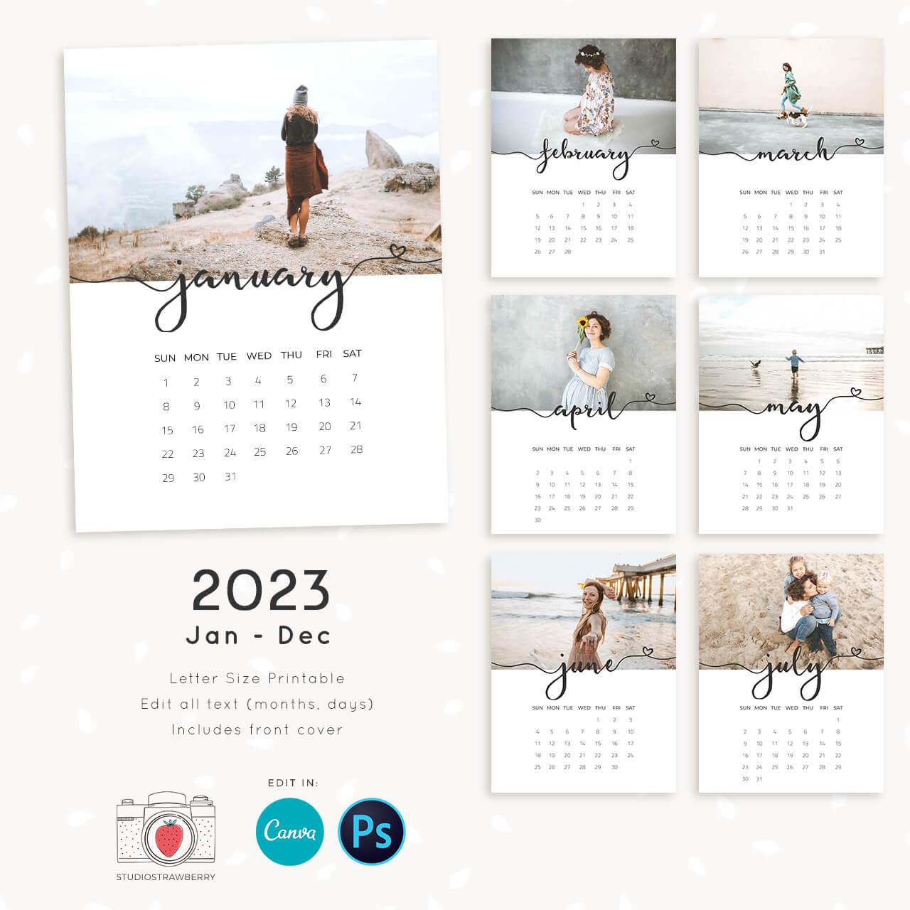 Photo calendar template with small heart lettering – Strawberry Kit