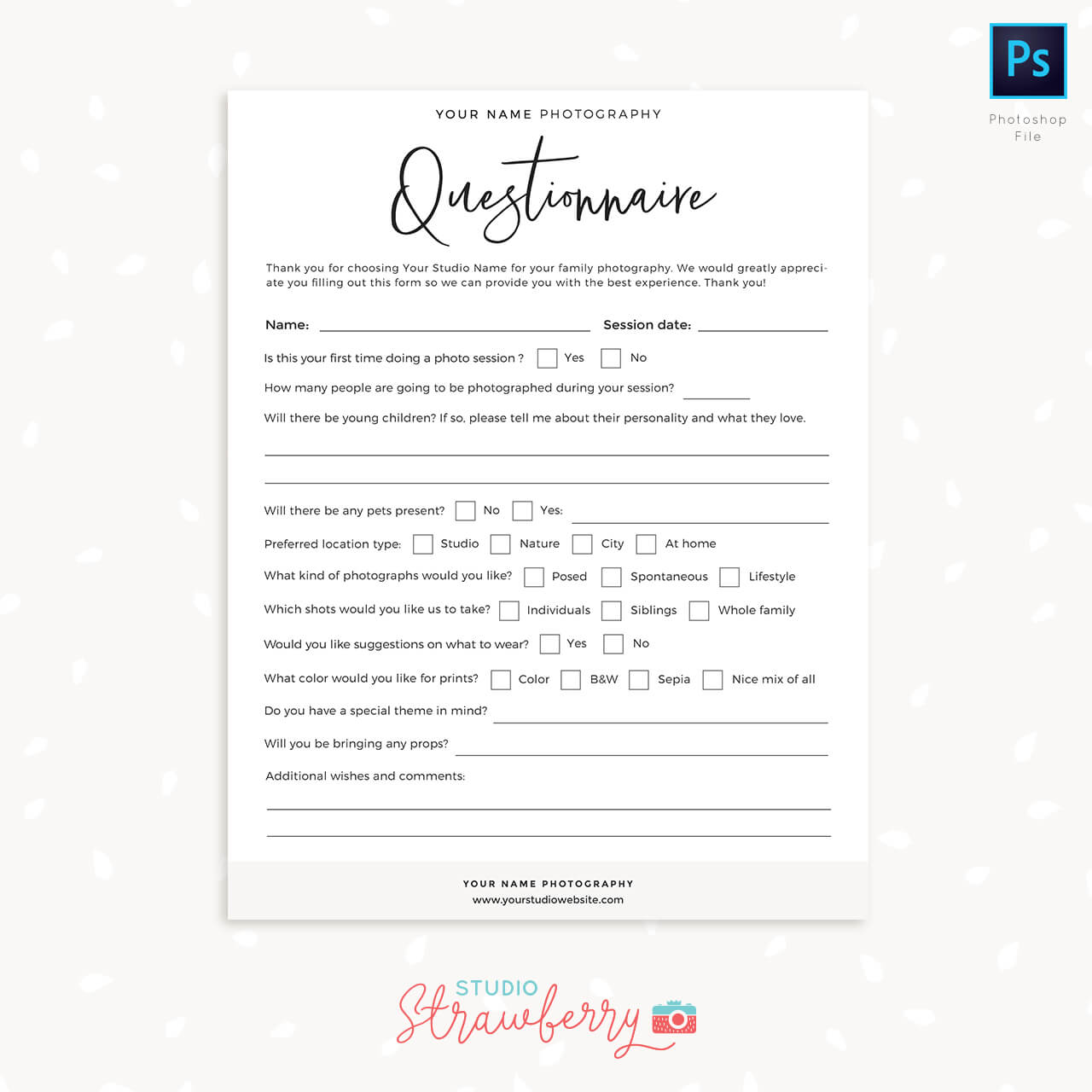 Photography questionnaire template Strawberry Kit