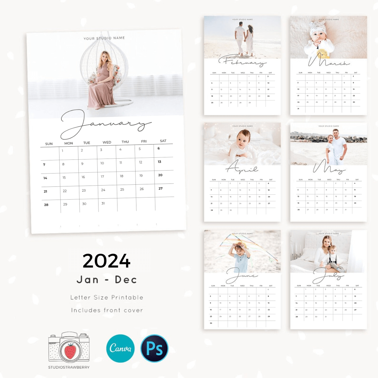 Grid calendar with photo template 2024