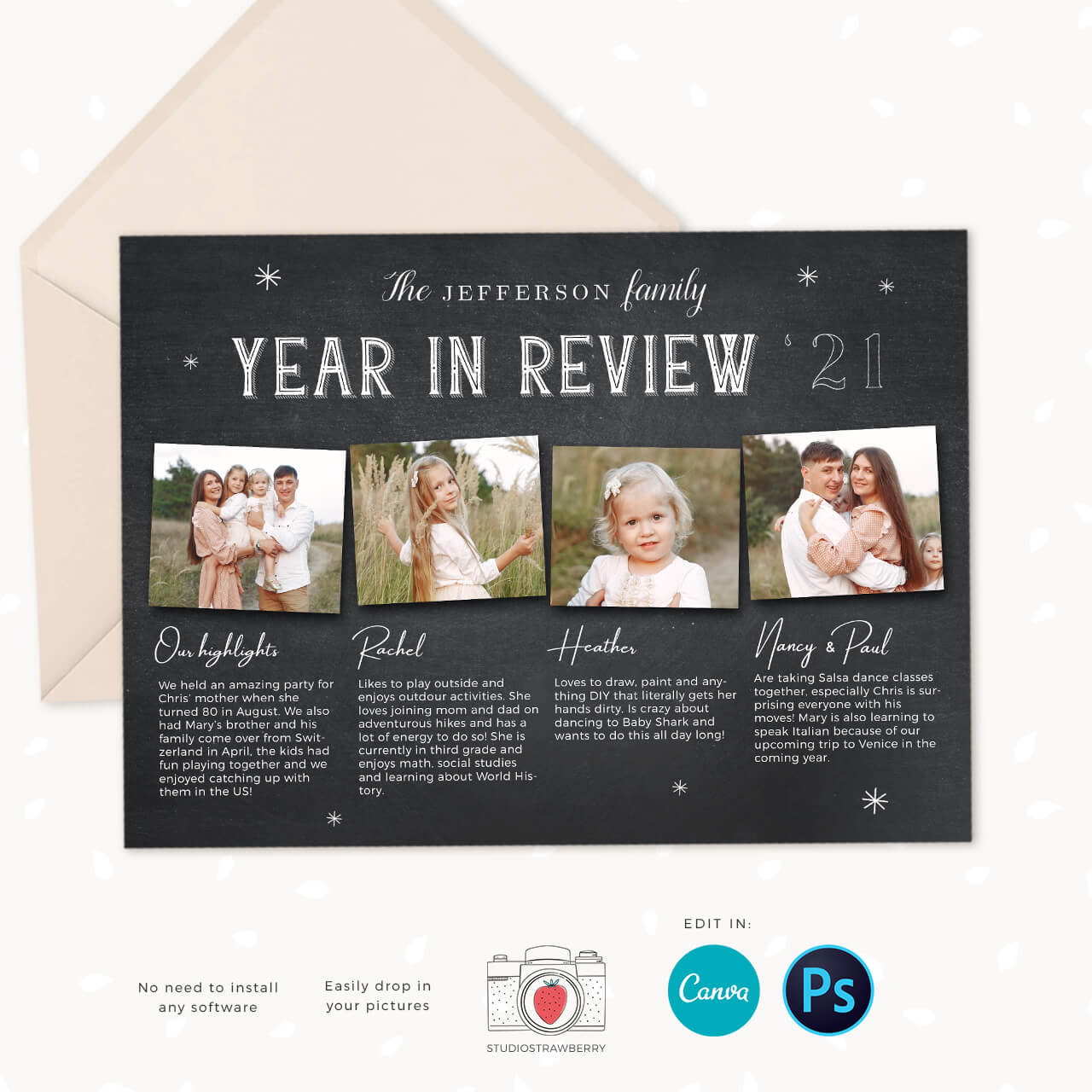 Year in review card chalkboard style canva