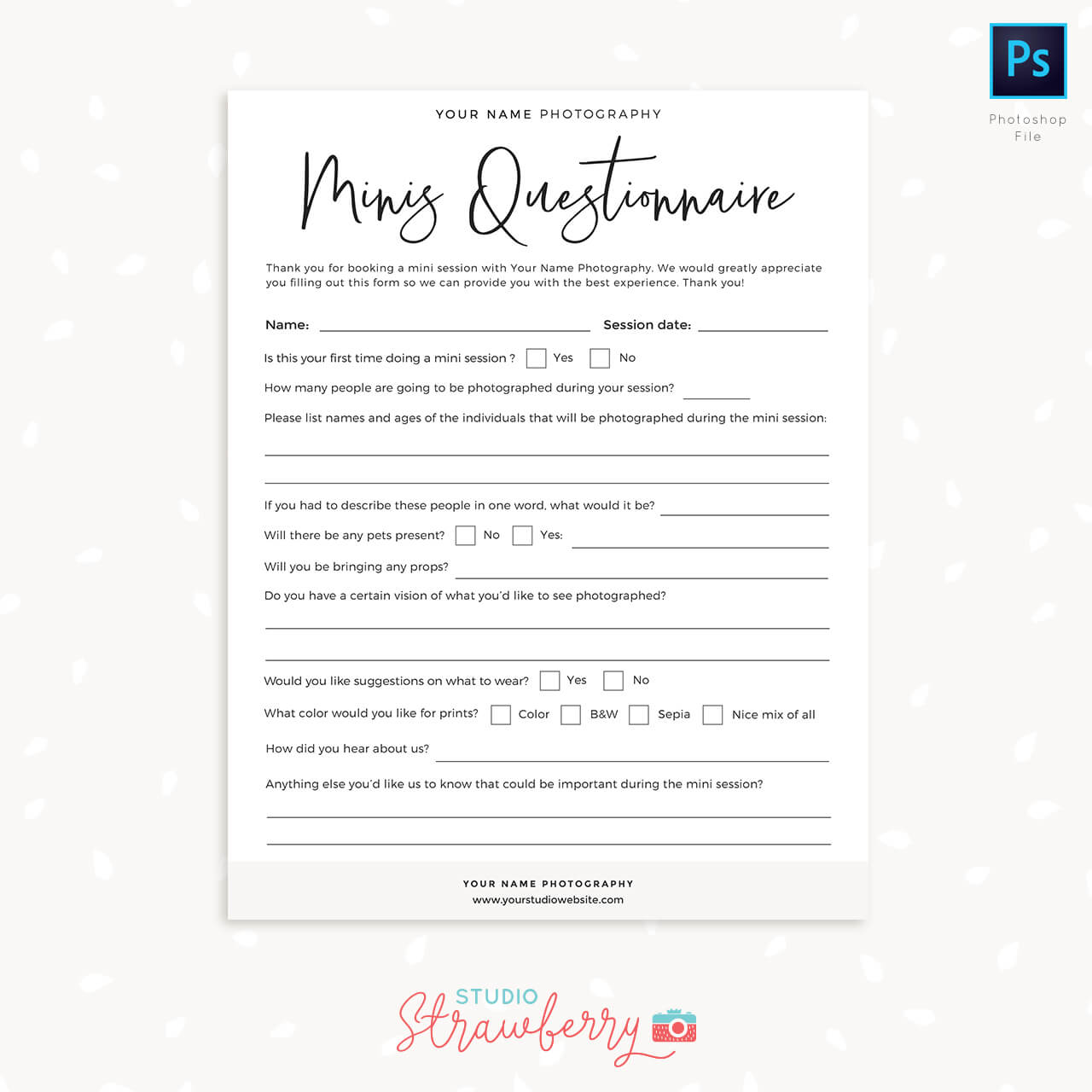 Mini Sessions Questionnaire Template Strawberry Kit