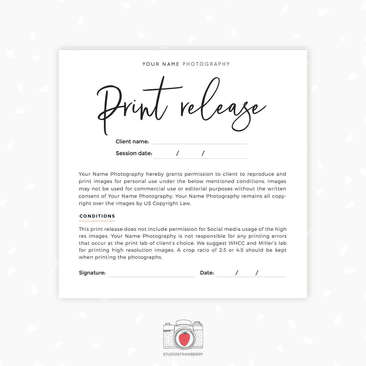 Photo print release form card template Strawberry Kit