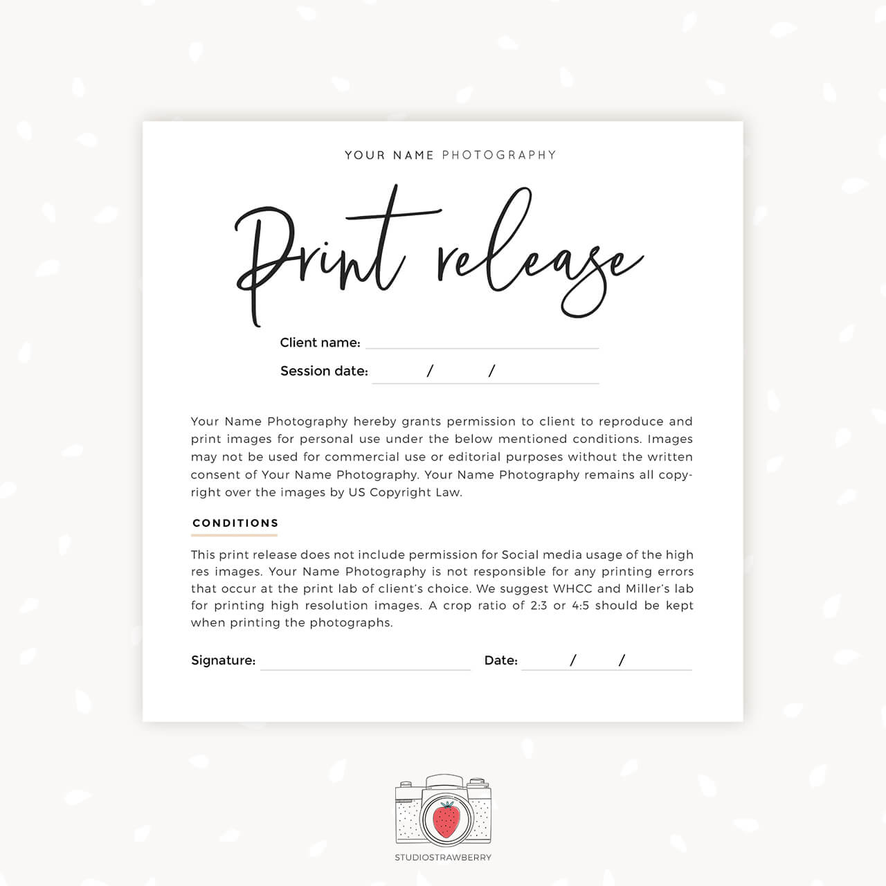 Photographer Print Release Card Template