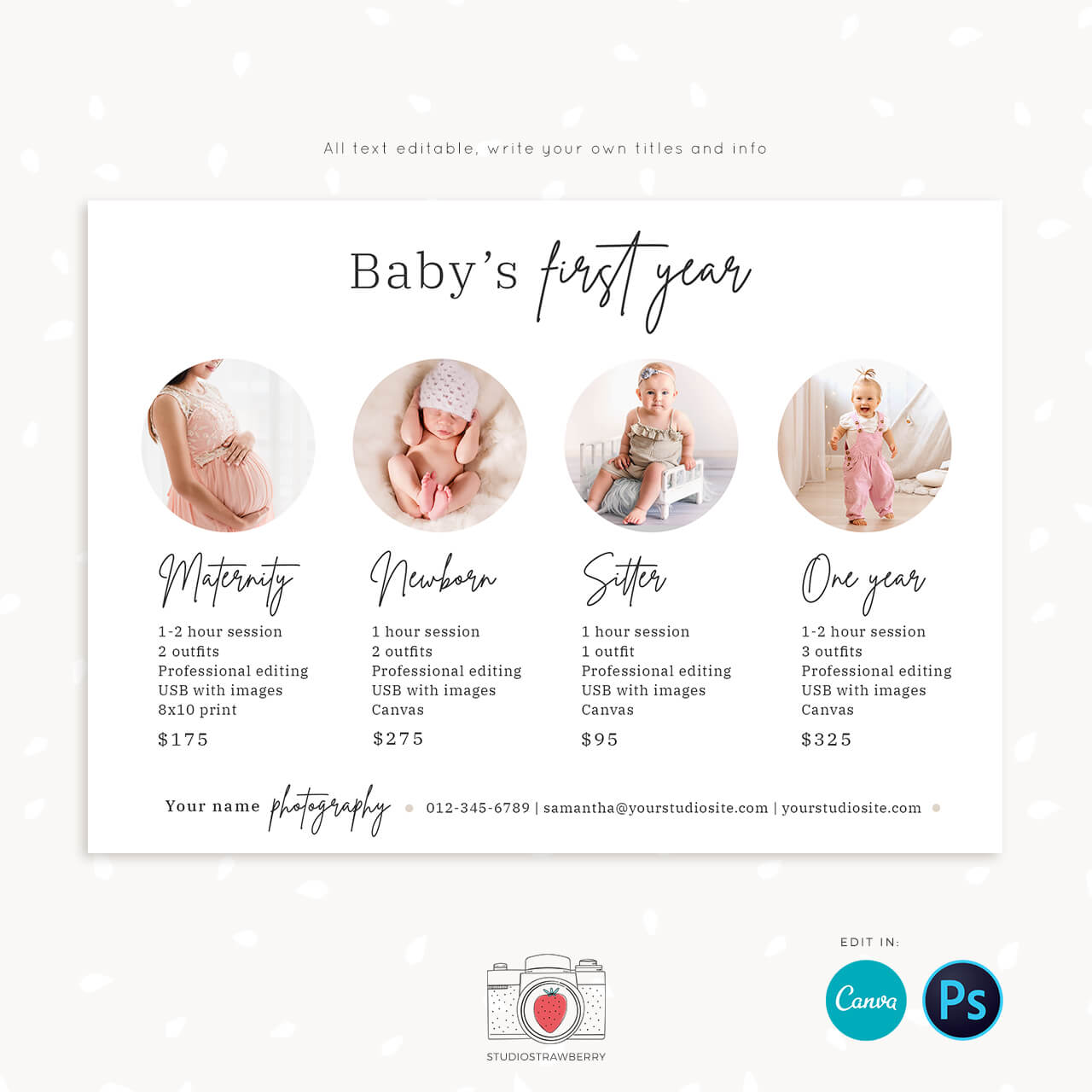 Babys first year photography marketing card canva template