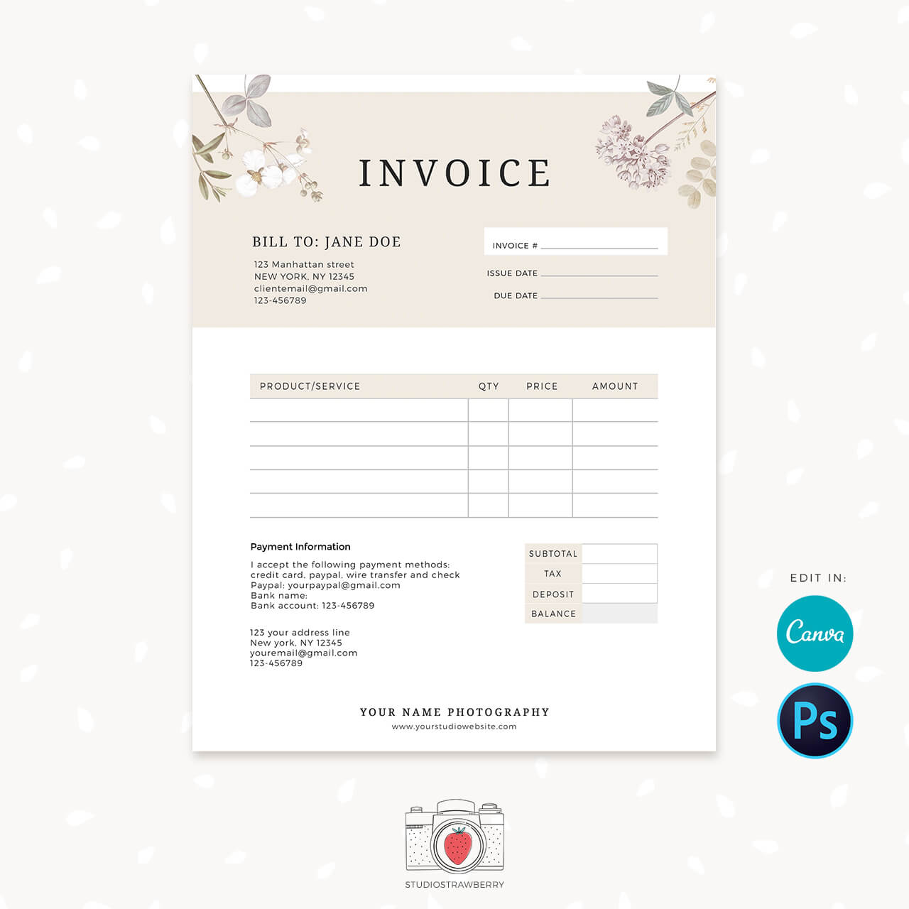 Invoice Template Floral Canva