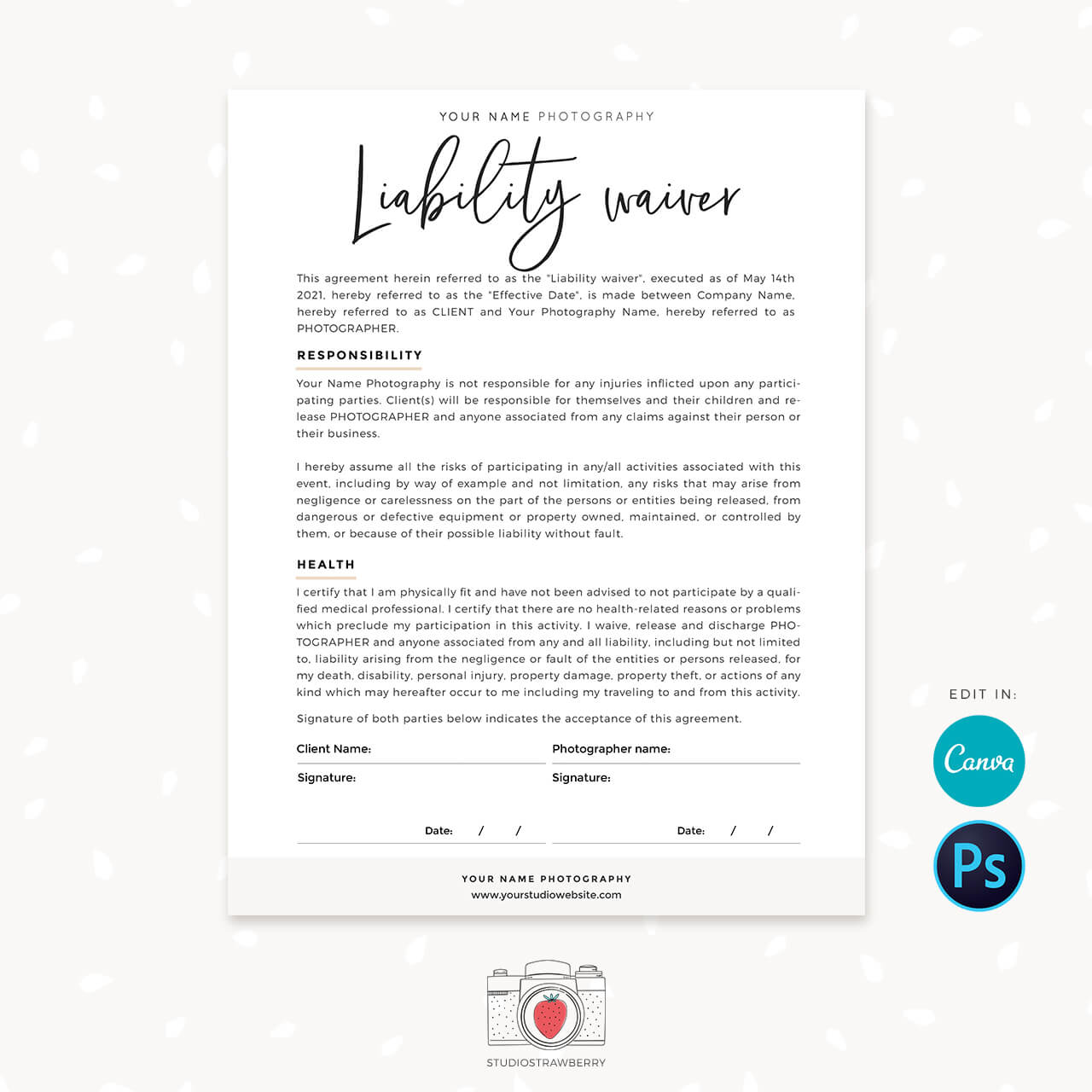 Photography Liability Waiver Template for Canva and Photoshop