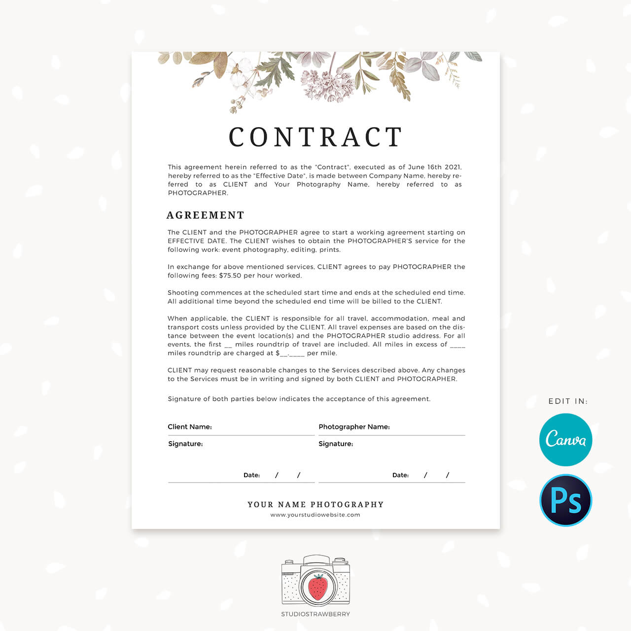 Photographer Contract Template For Canva Photoshop Floral 