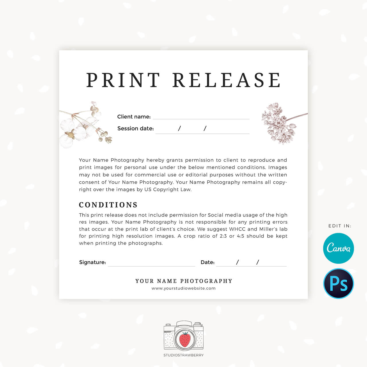 Print release card canva template flowers