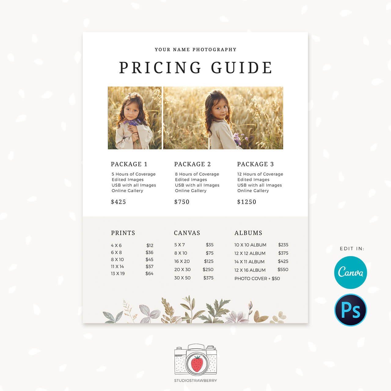 Floral Photography Pricing Guide Template For Canva Photoshop 