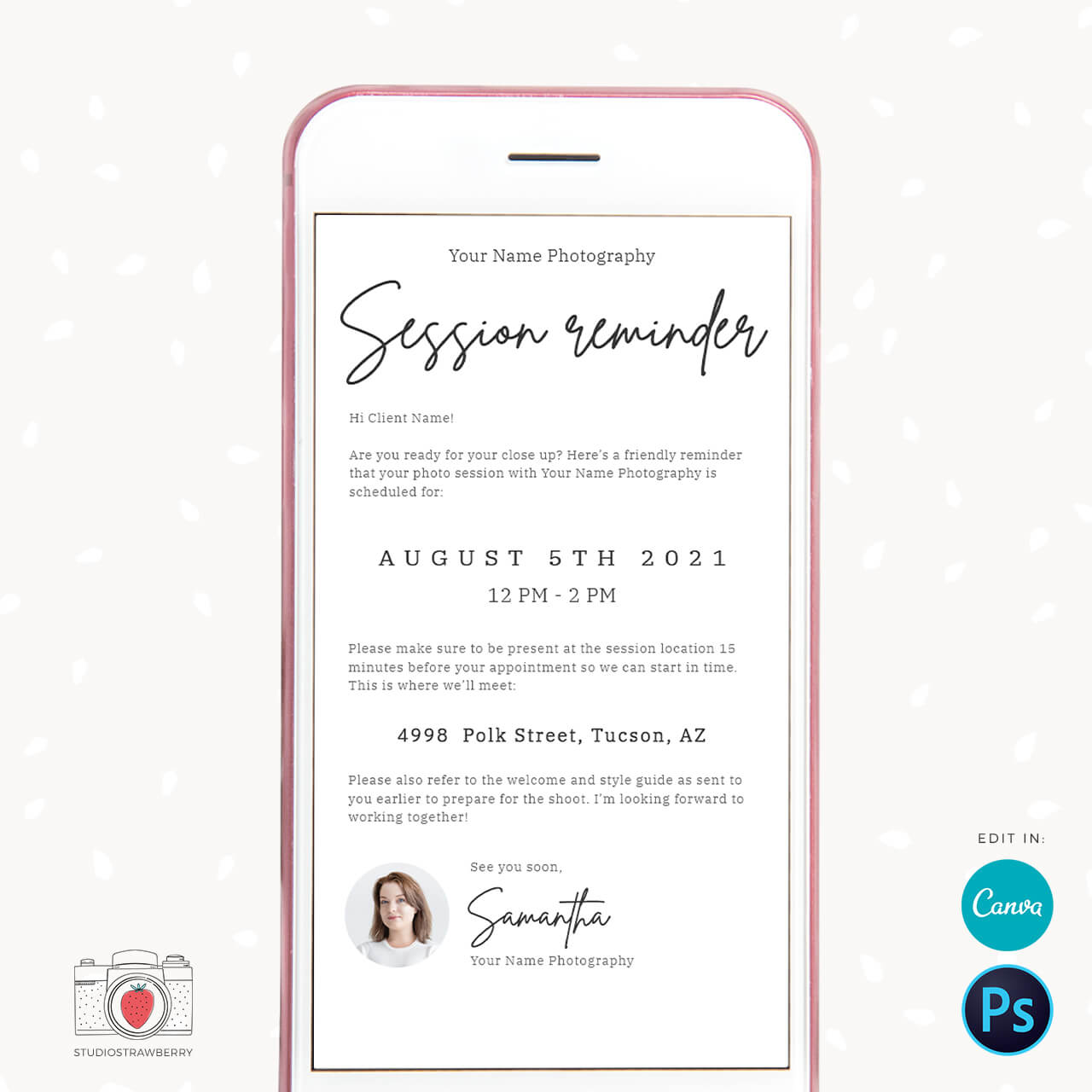 Photo Session Reminder Email Template For Canva Photoshop