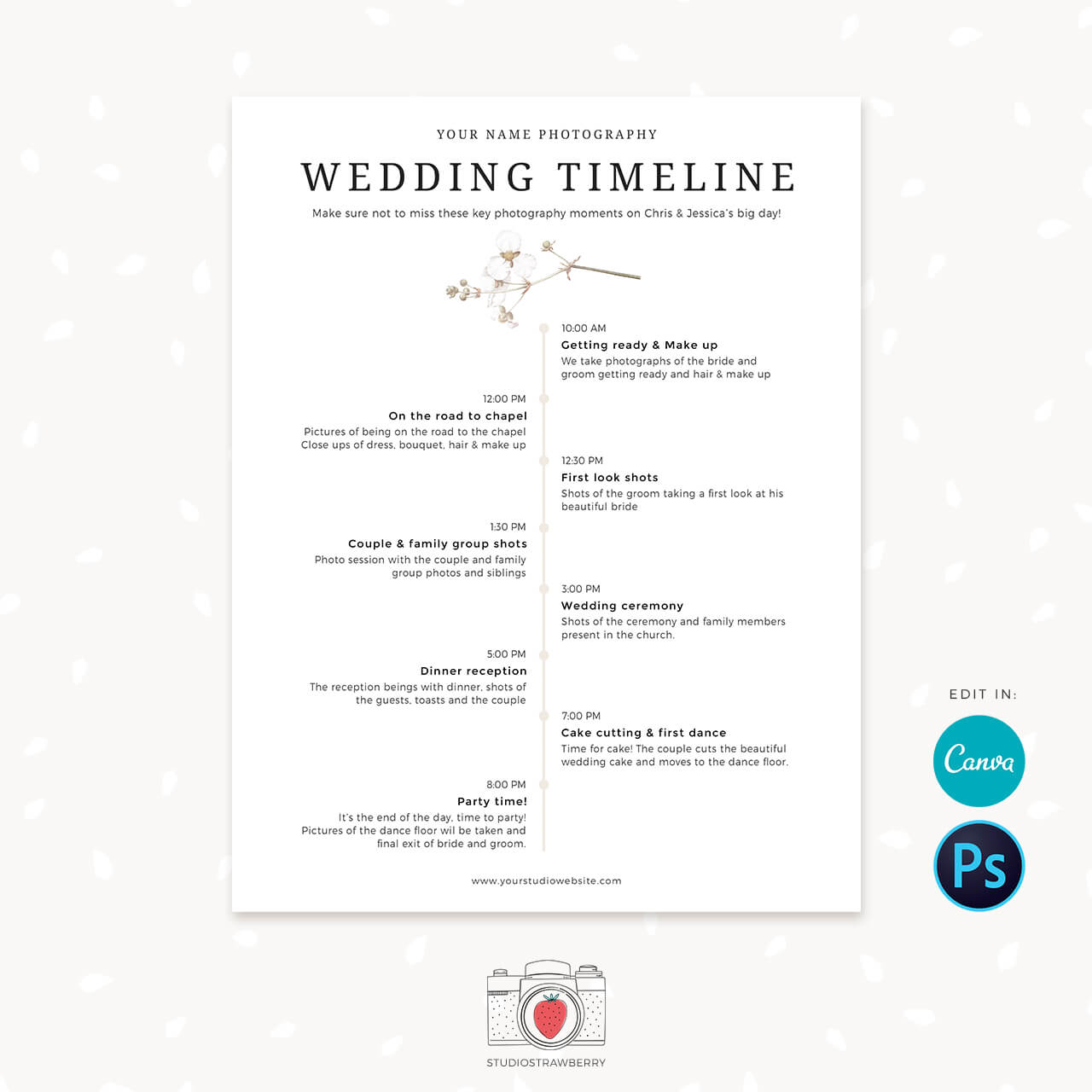 Wedding photography timeline template canva