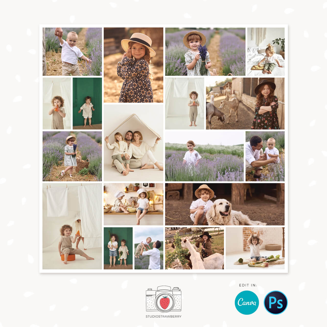 square-photo-collage-template-for-canva-photoshop-strawberry-kit