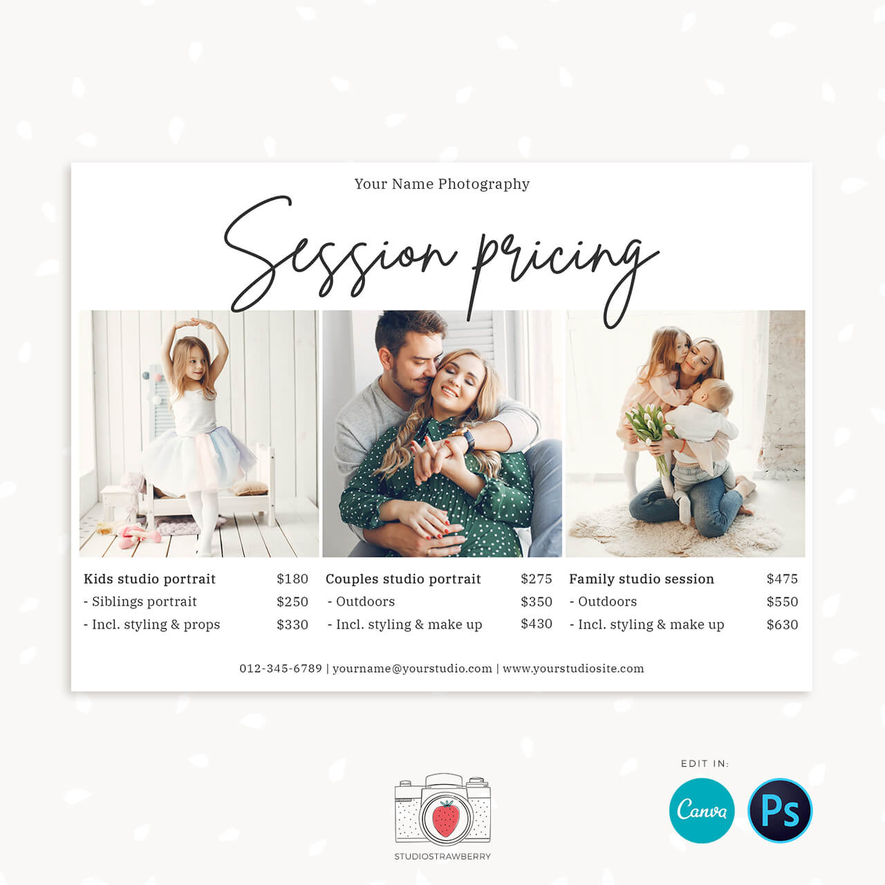 Sessions prices photography template