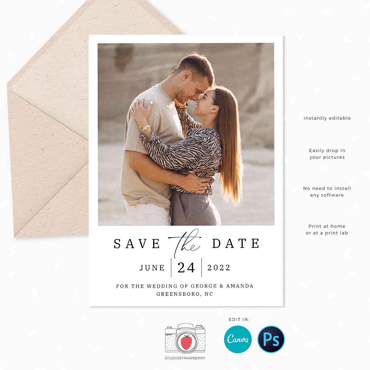 Save the date card template Canva calligraphy