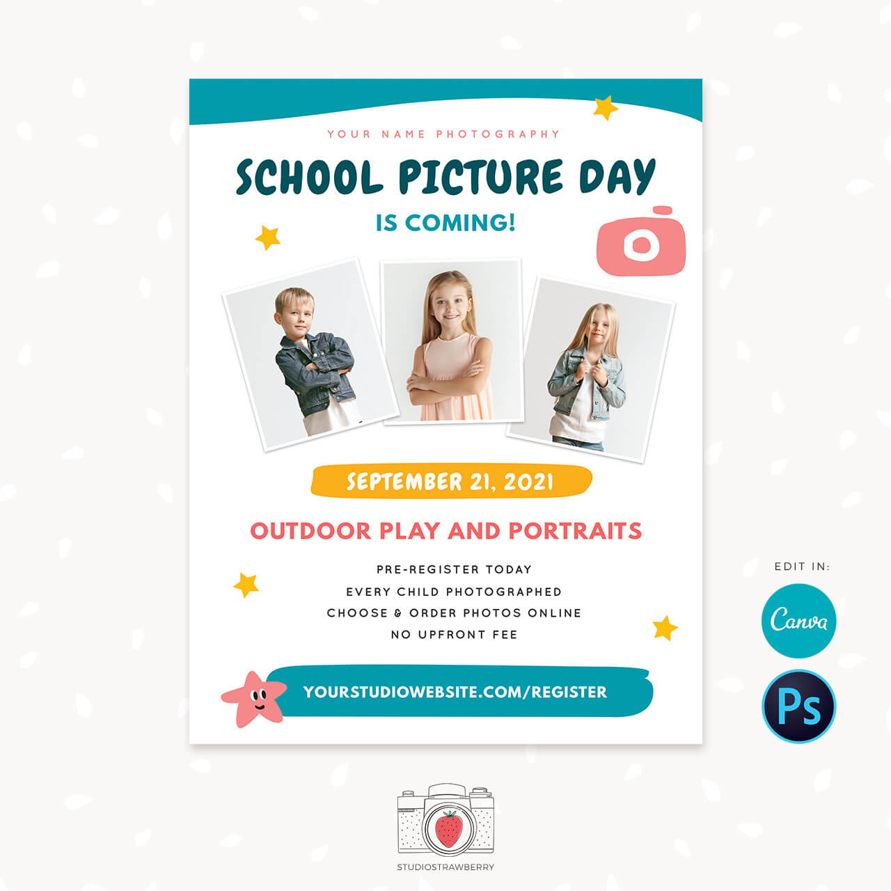 School Picture Day Template For Canva Photoshop Strawberry Kit