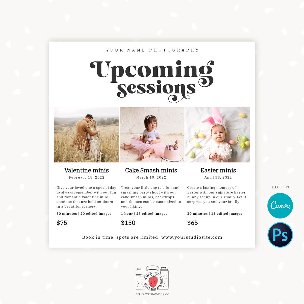 Upcoming sessions template photographer