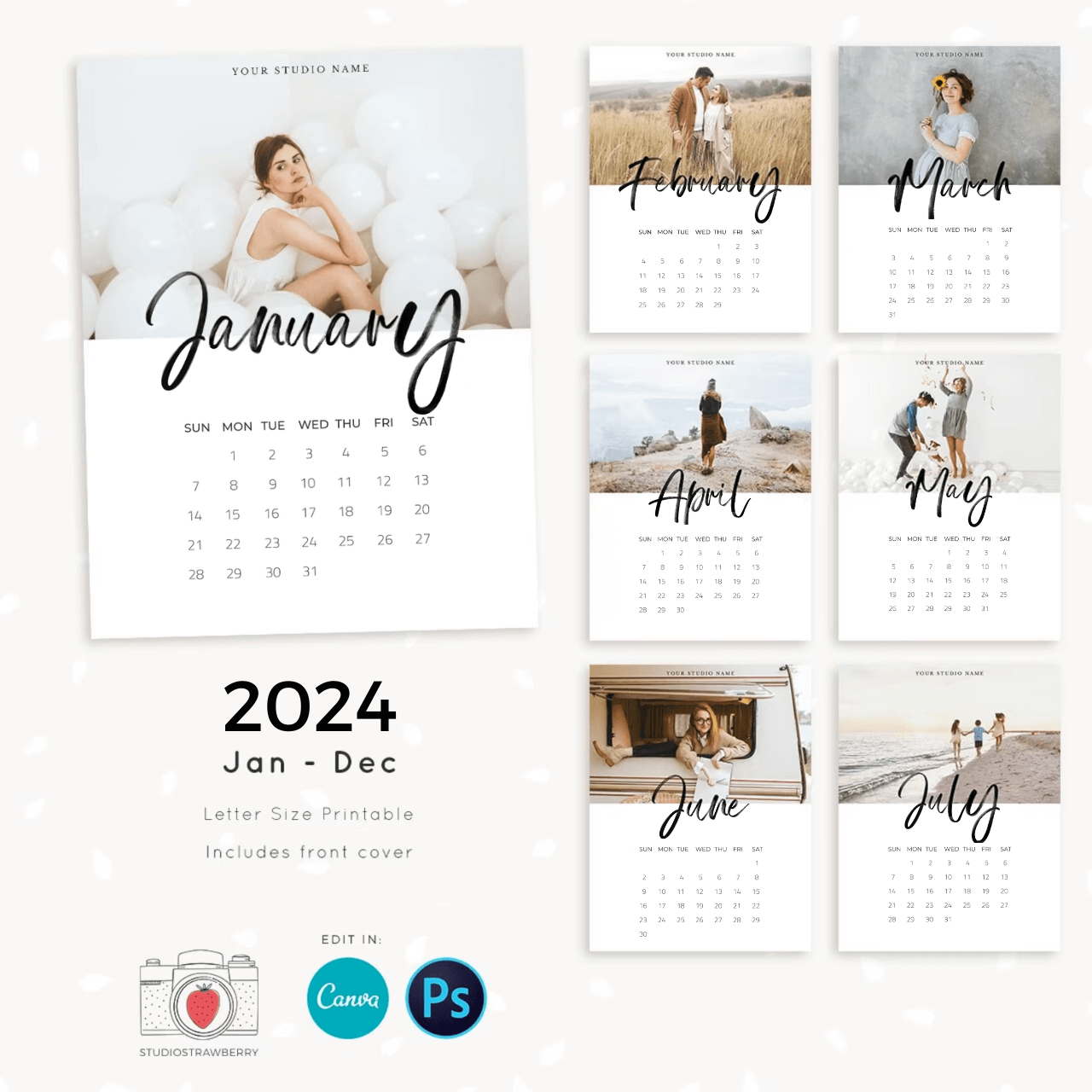 2024 monthly calendar brush lettering