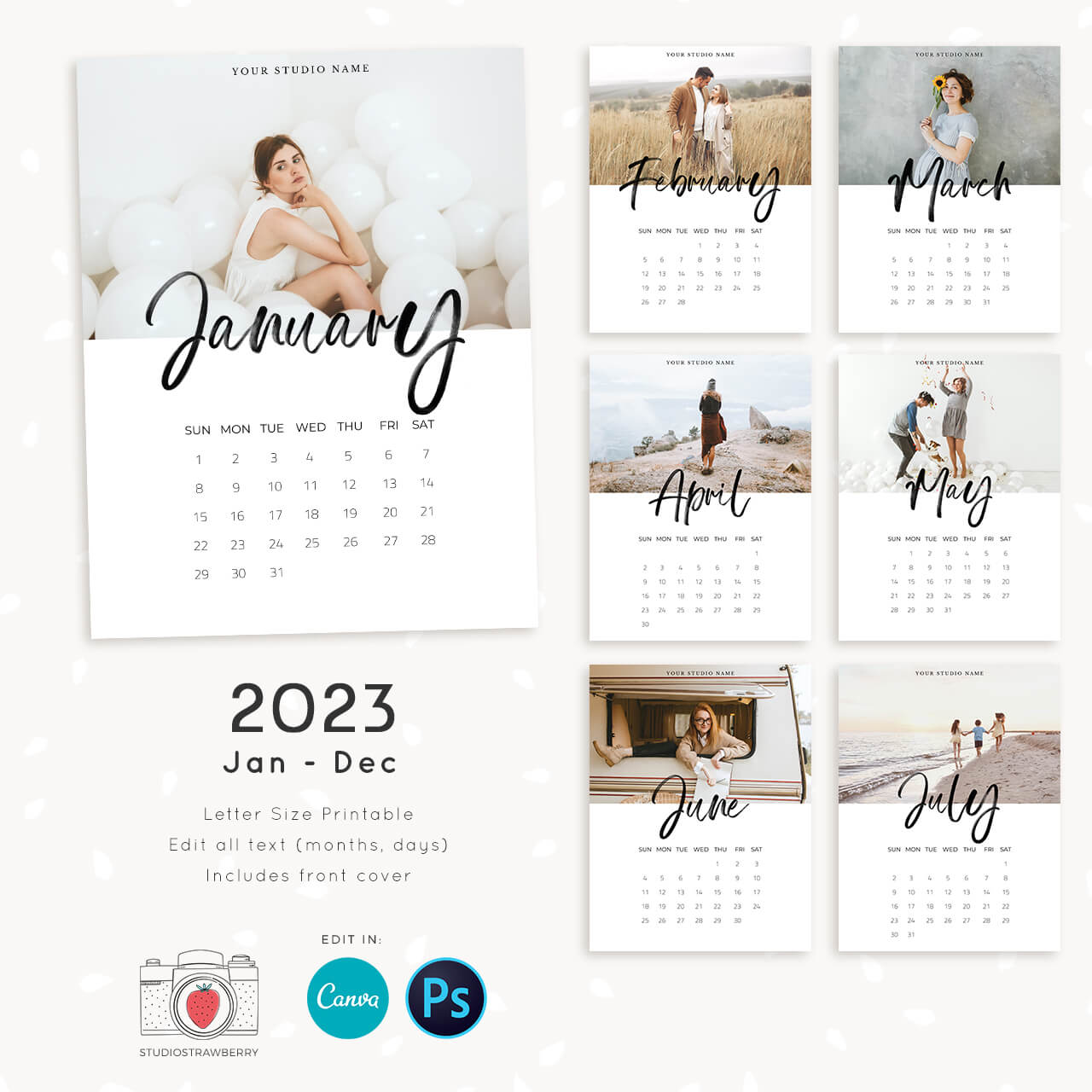 2023 photo calendar template for Canva & Strawberry Kit