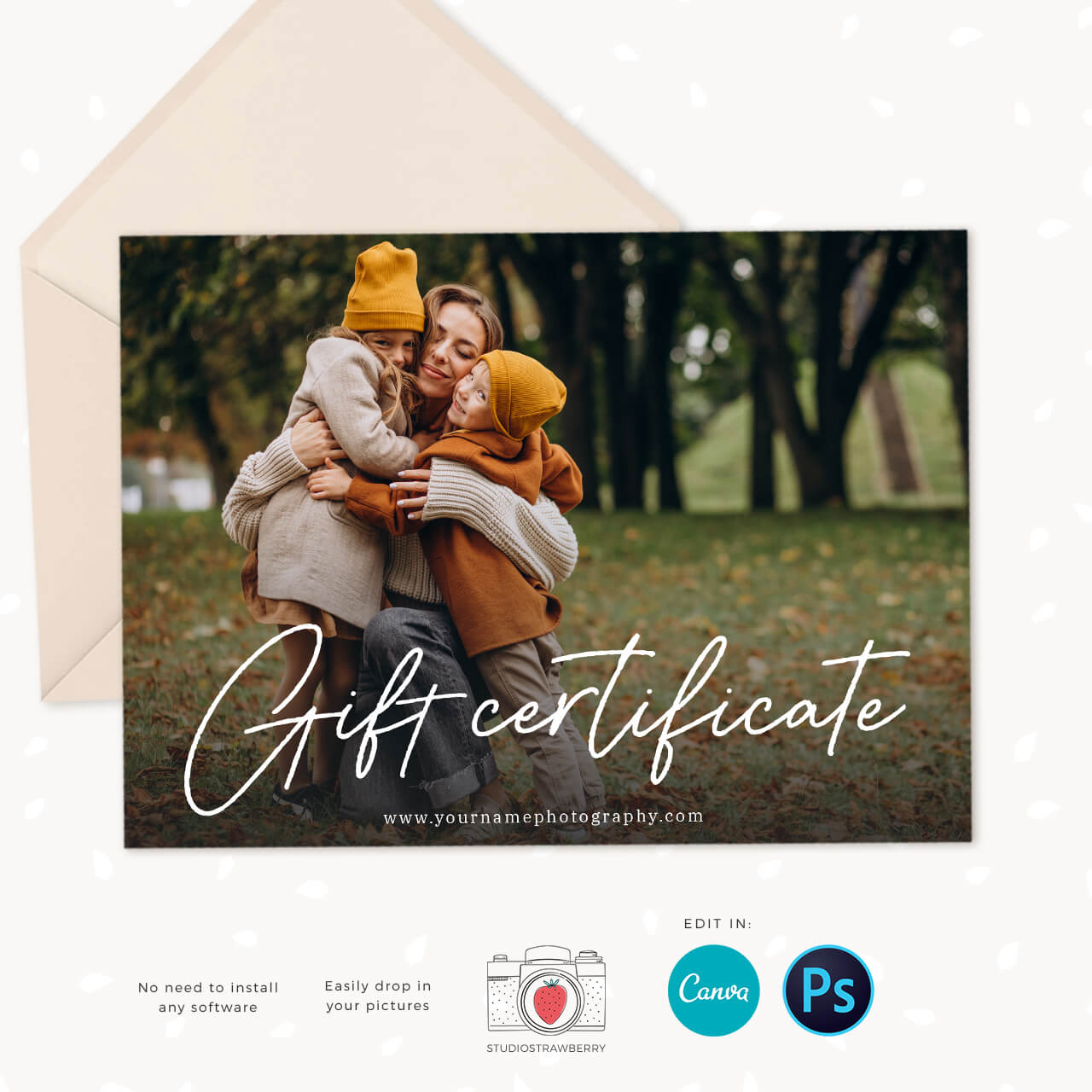 Photography gift certificate template Canva editable