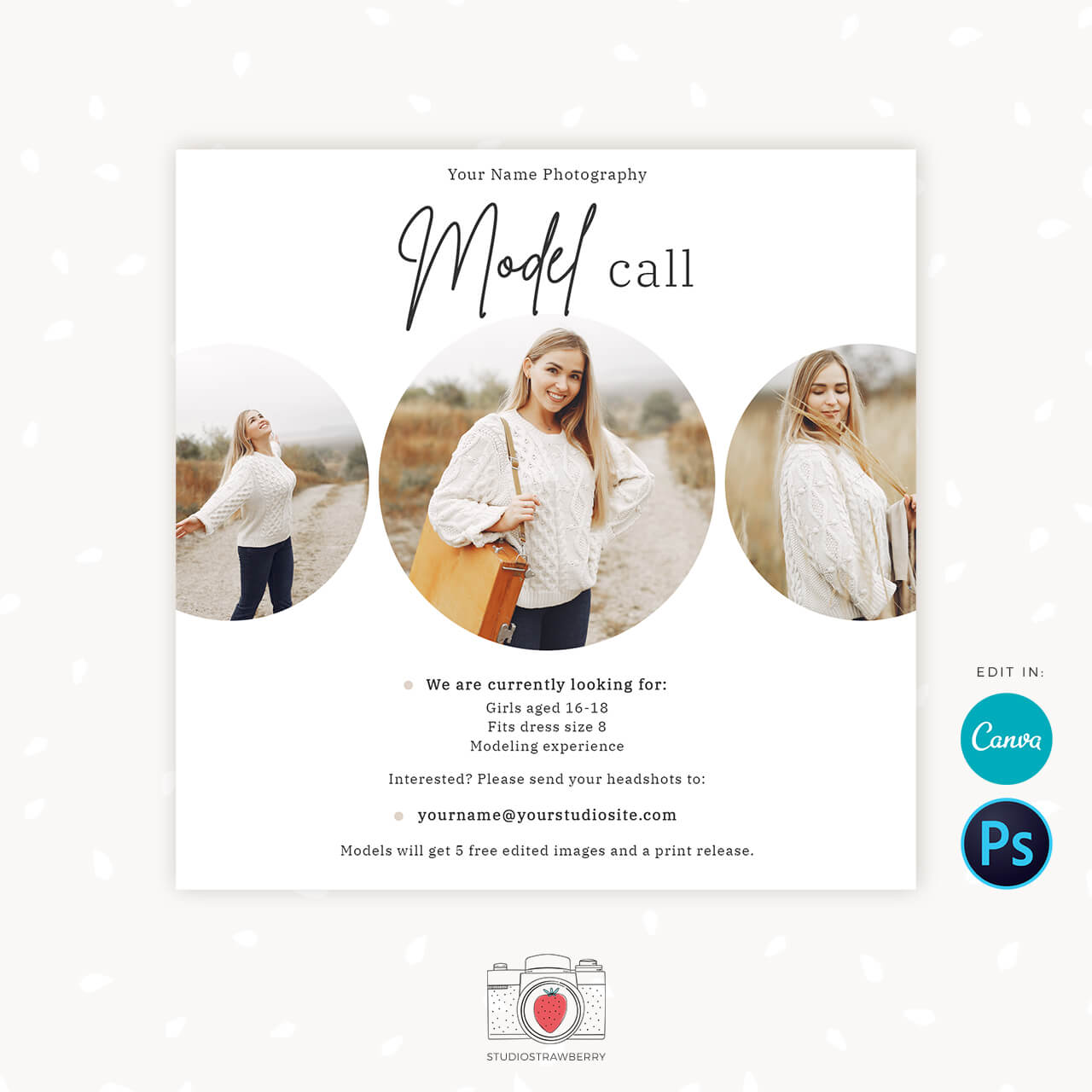 Model Call template for Canva & Strawberry Kit