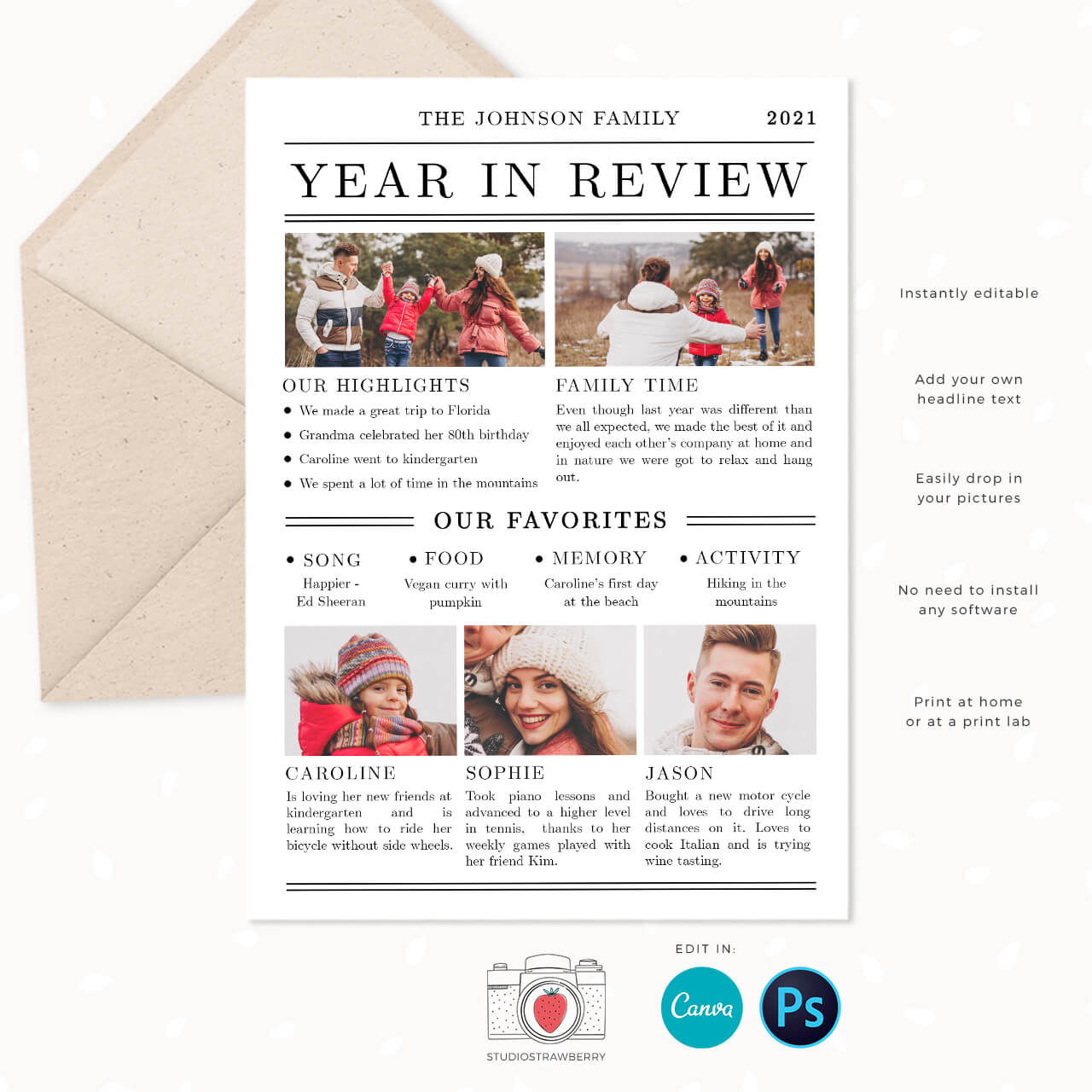 Year in Review Christmas Card Newspaper template Strawberry Kit