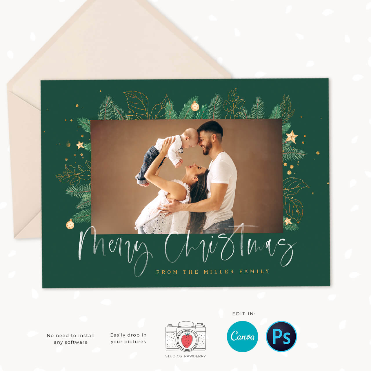 Christmas Photo Card Template Green Leaves Sparkles For Canva 