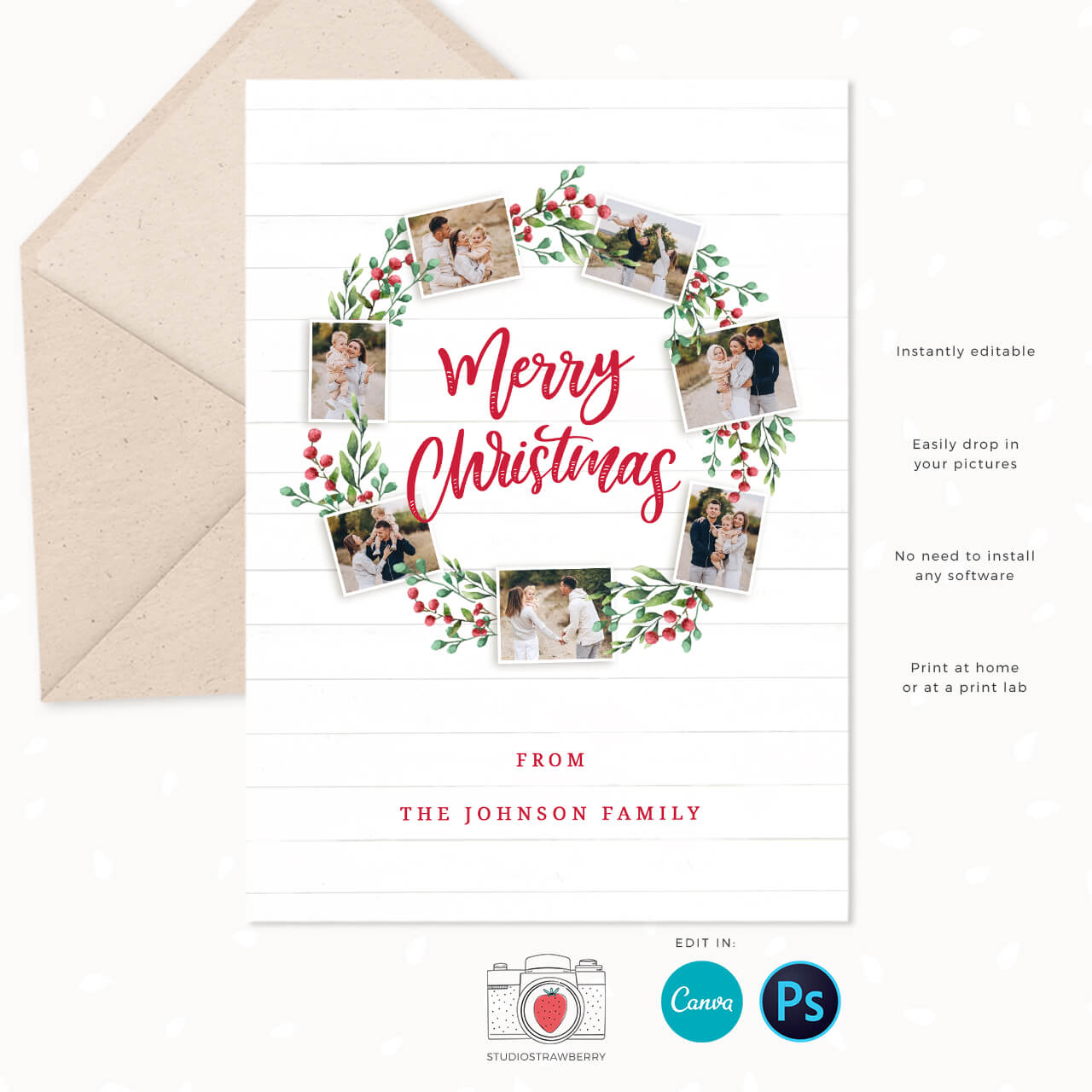 Photo Collage Wreath Christmas Card Template