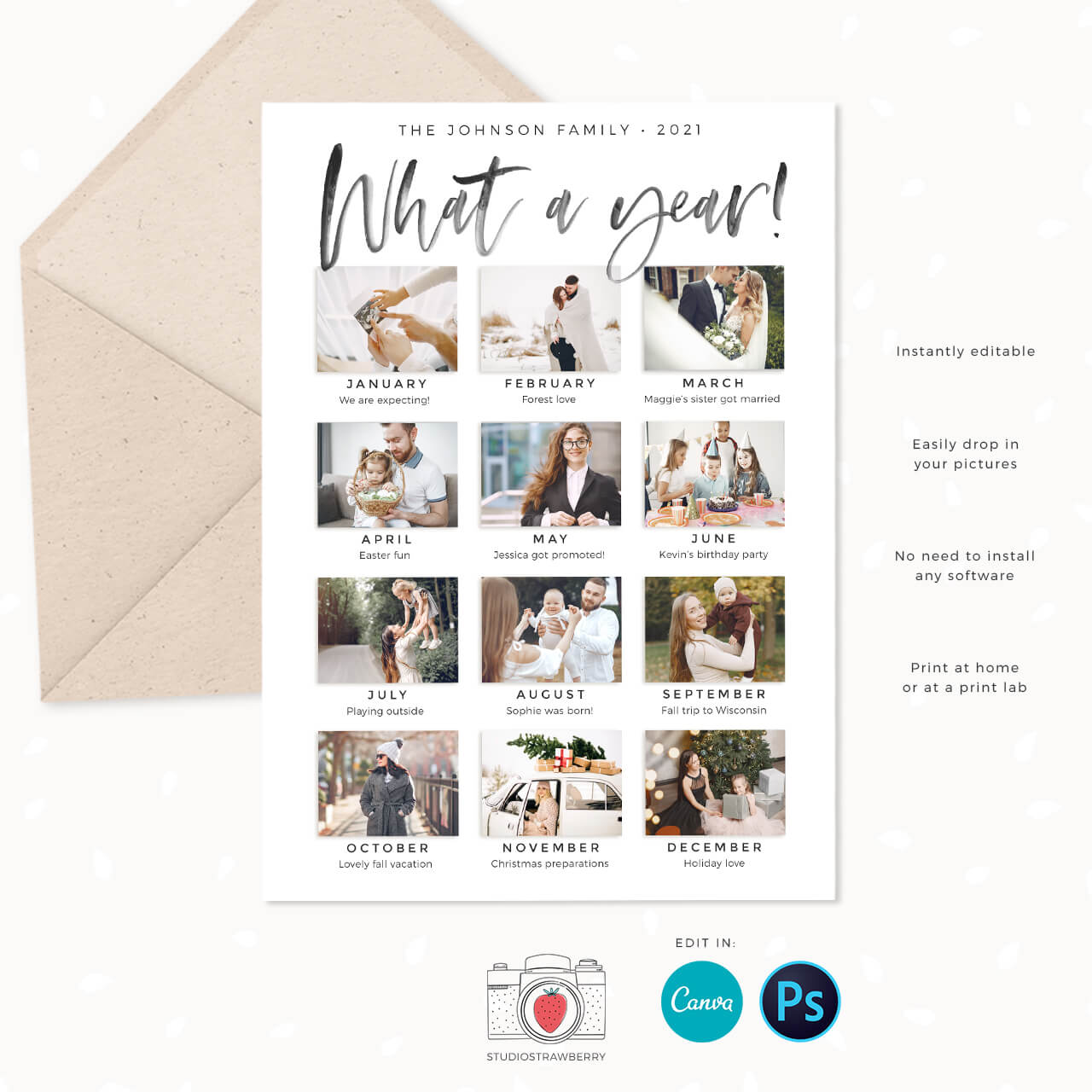 Year in review Christmas card template “What a year” Monthly overview – Strawberry Kit