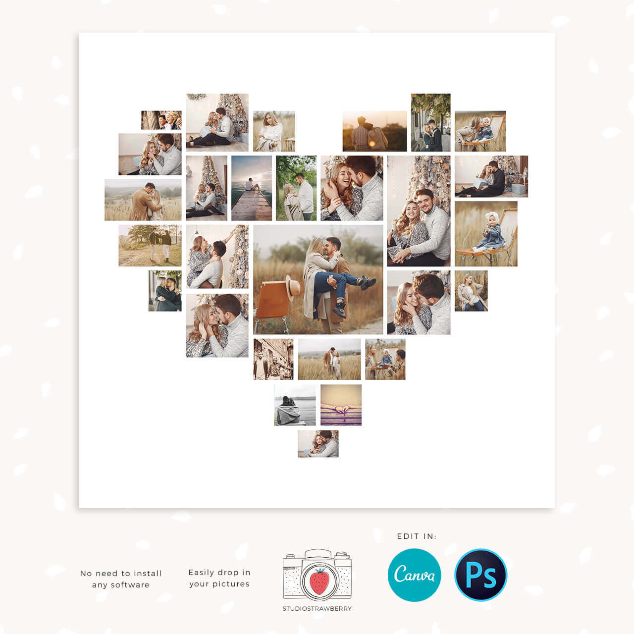 Heart photo collage template Mosaic for Canva Photoshop Strawberry Kit