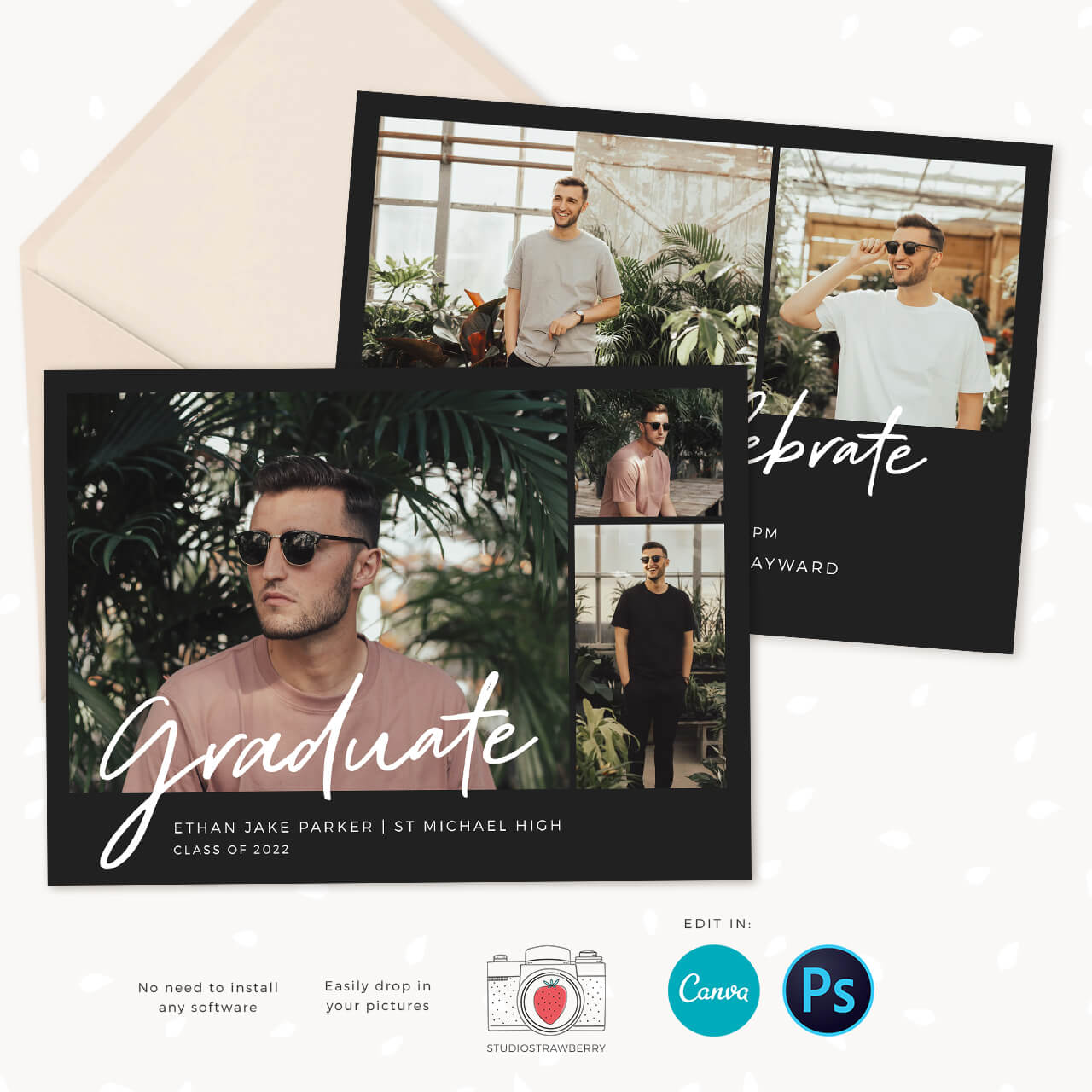 Guy graduation photo card template collage
