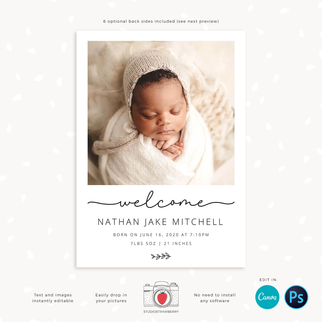 Newborn baby announcement photo card template