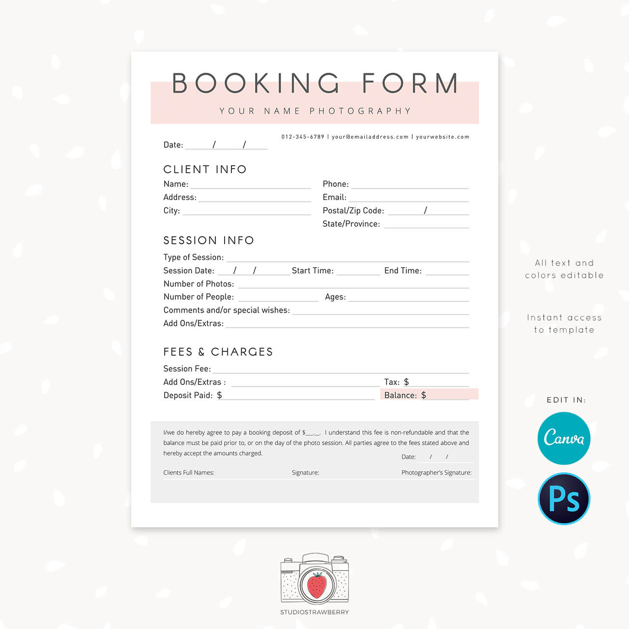 Booking form template photographer