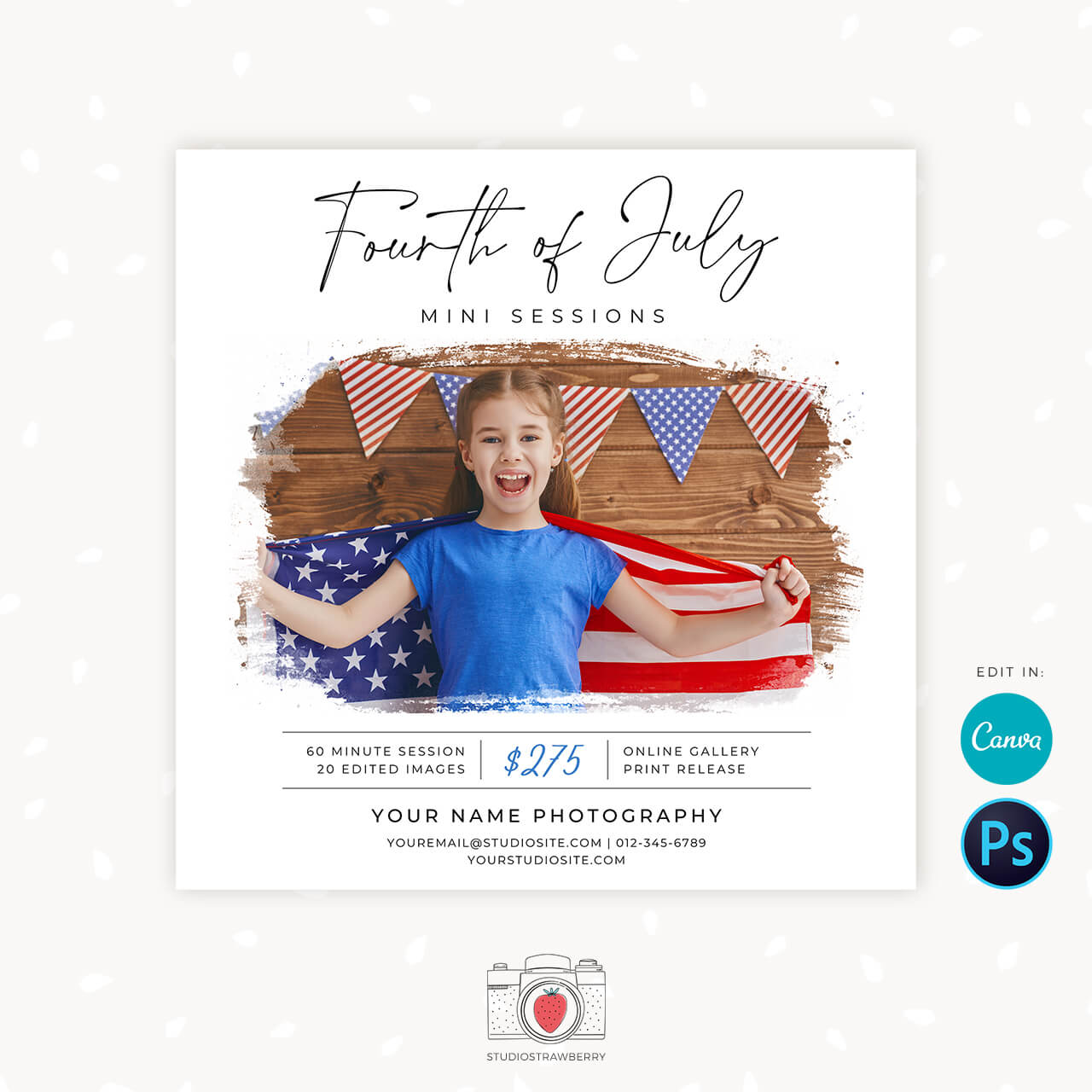 Fourth of July Mini sessions template Canva